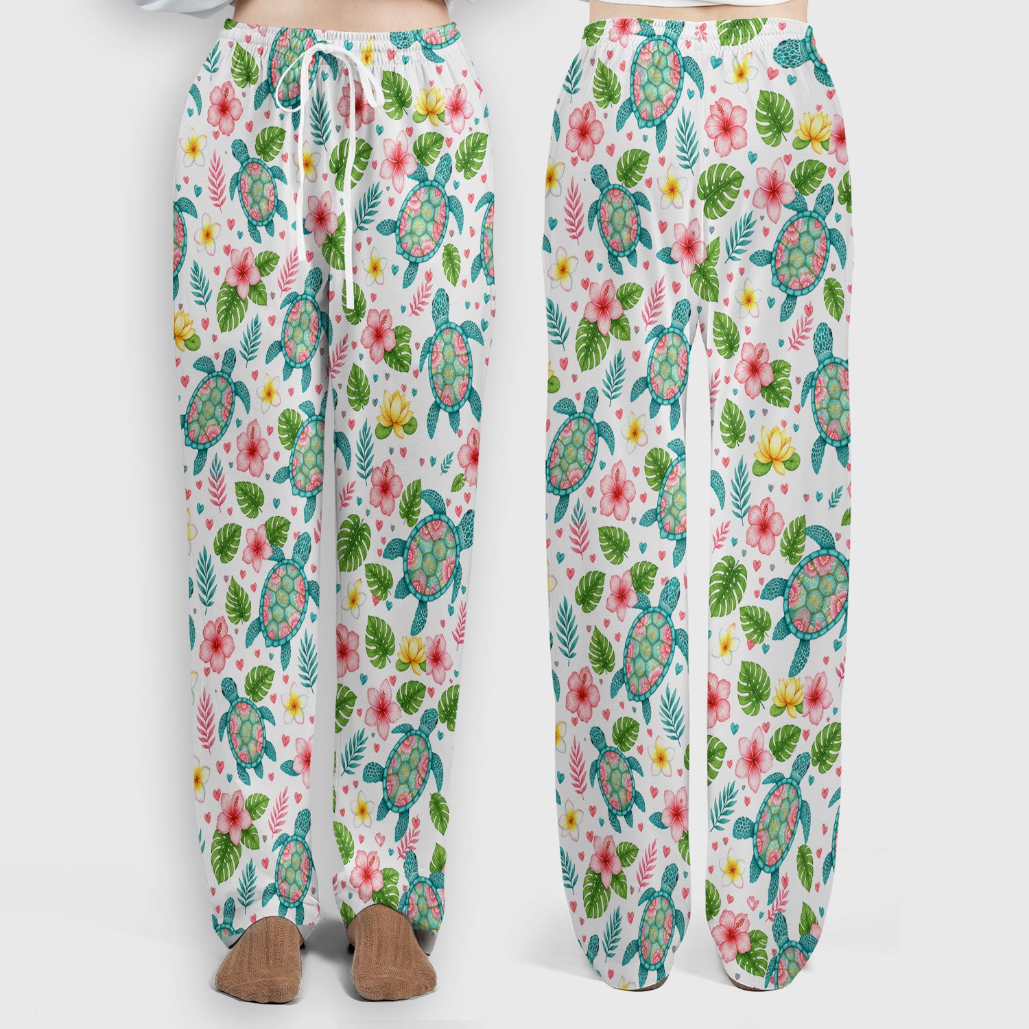 Tropical Sea Turtle Floral Pattern Scrub Set, Scrub Pants and V Neck Top