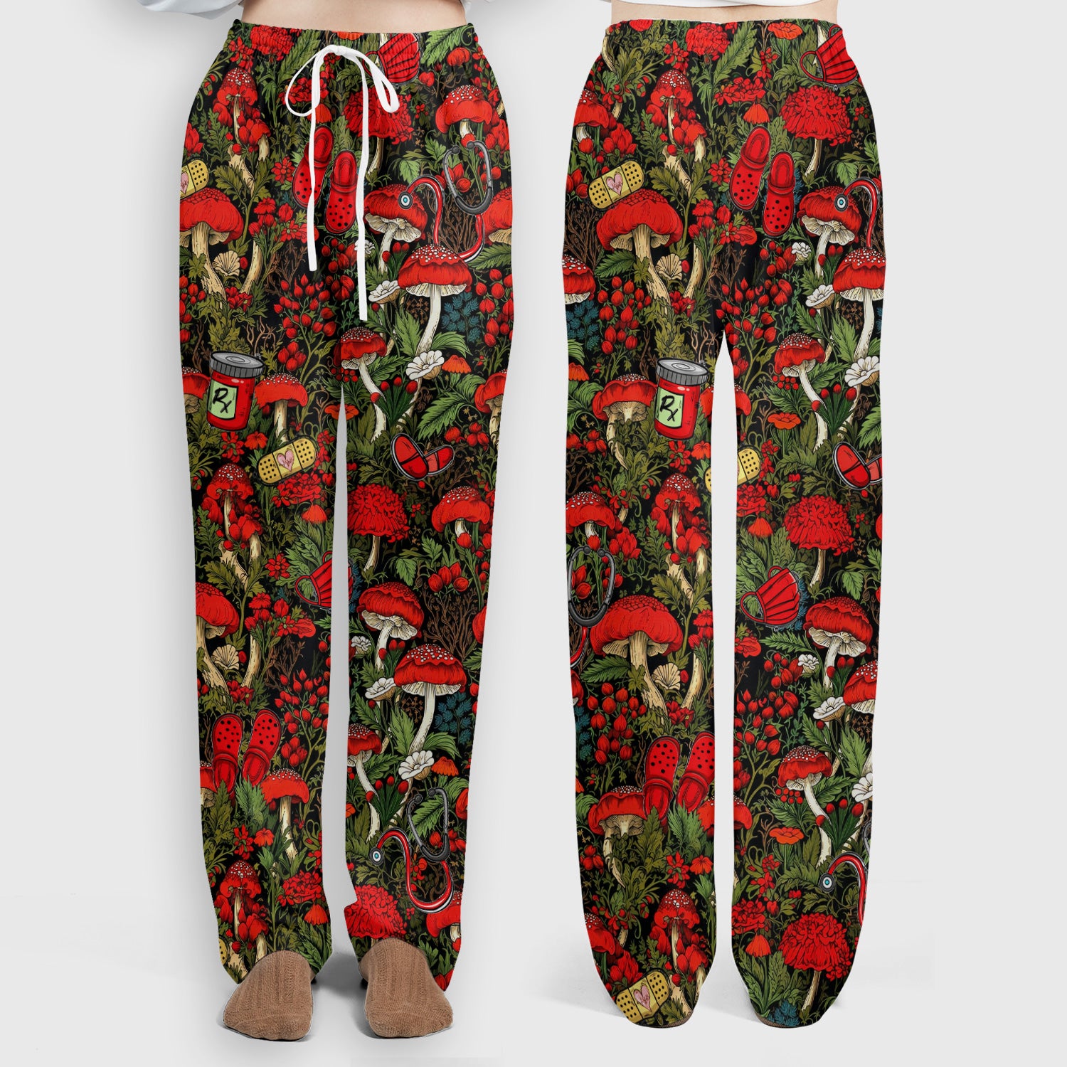 Red Mushroom Medical Forest Pattern Scrub Set, Scrub Pants and V Neck Top