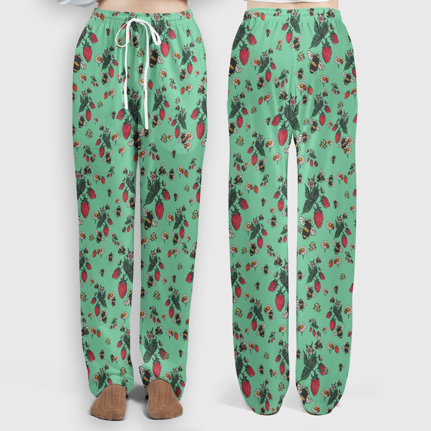Cute Strawberry Bee Daisy Floral Pattern Scrub Set, Scrub Pants and V Neck Top