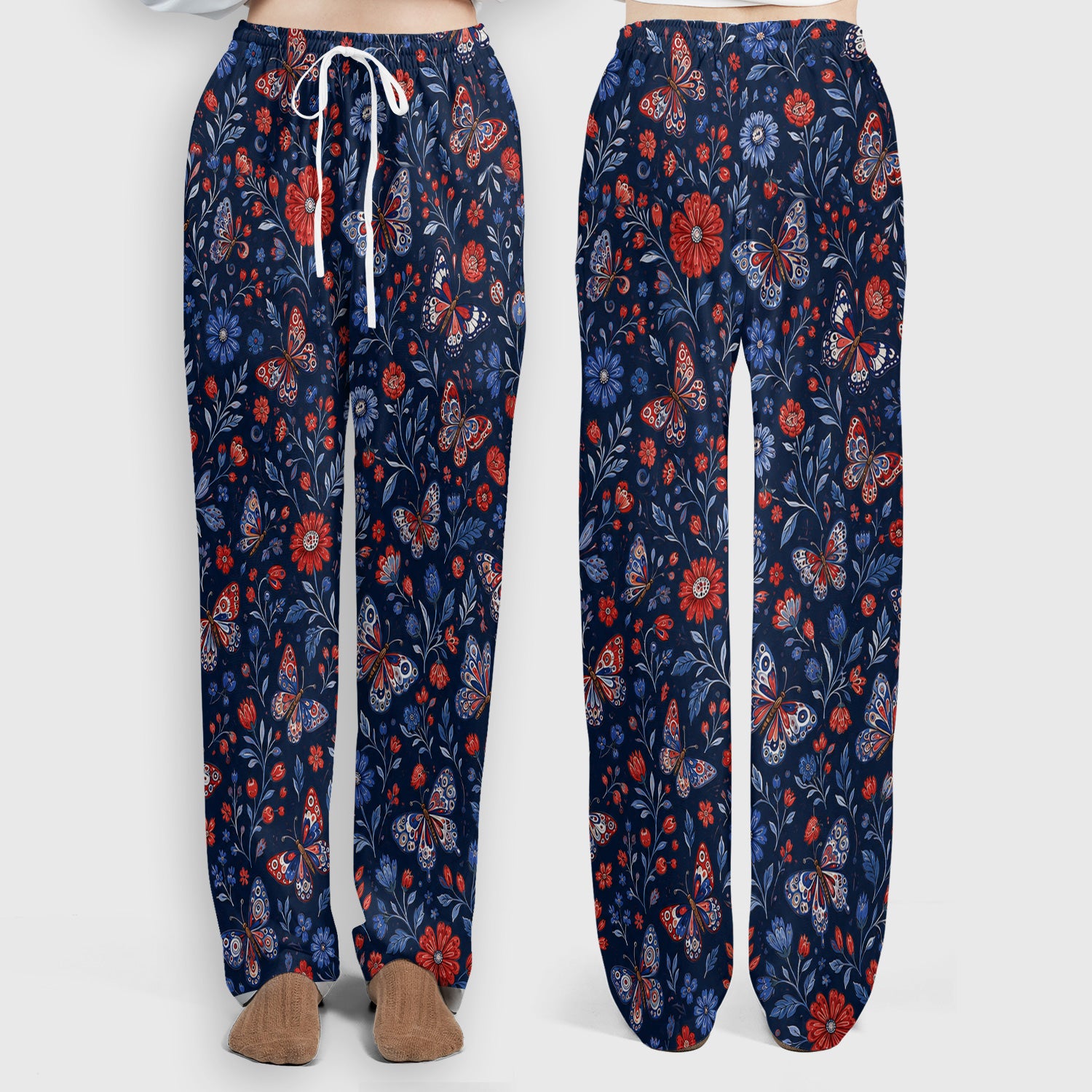 Patriotic Floral Butterfly Pattern Scrub Set, Scrub Pants and V Neck Top