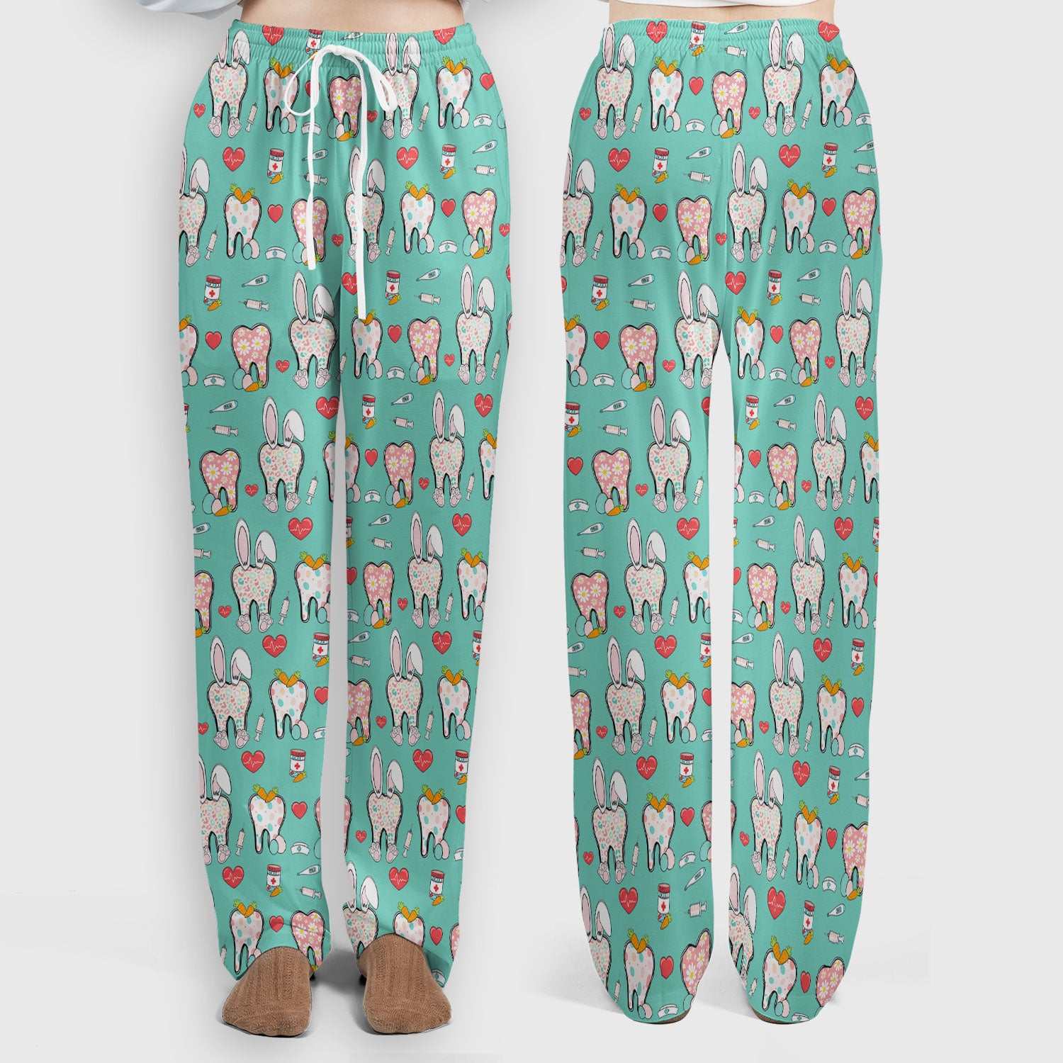 Playful Bunny Dentist Illustration Medical Set, Scrub Pants and V Neck Top
