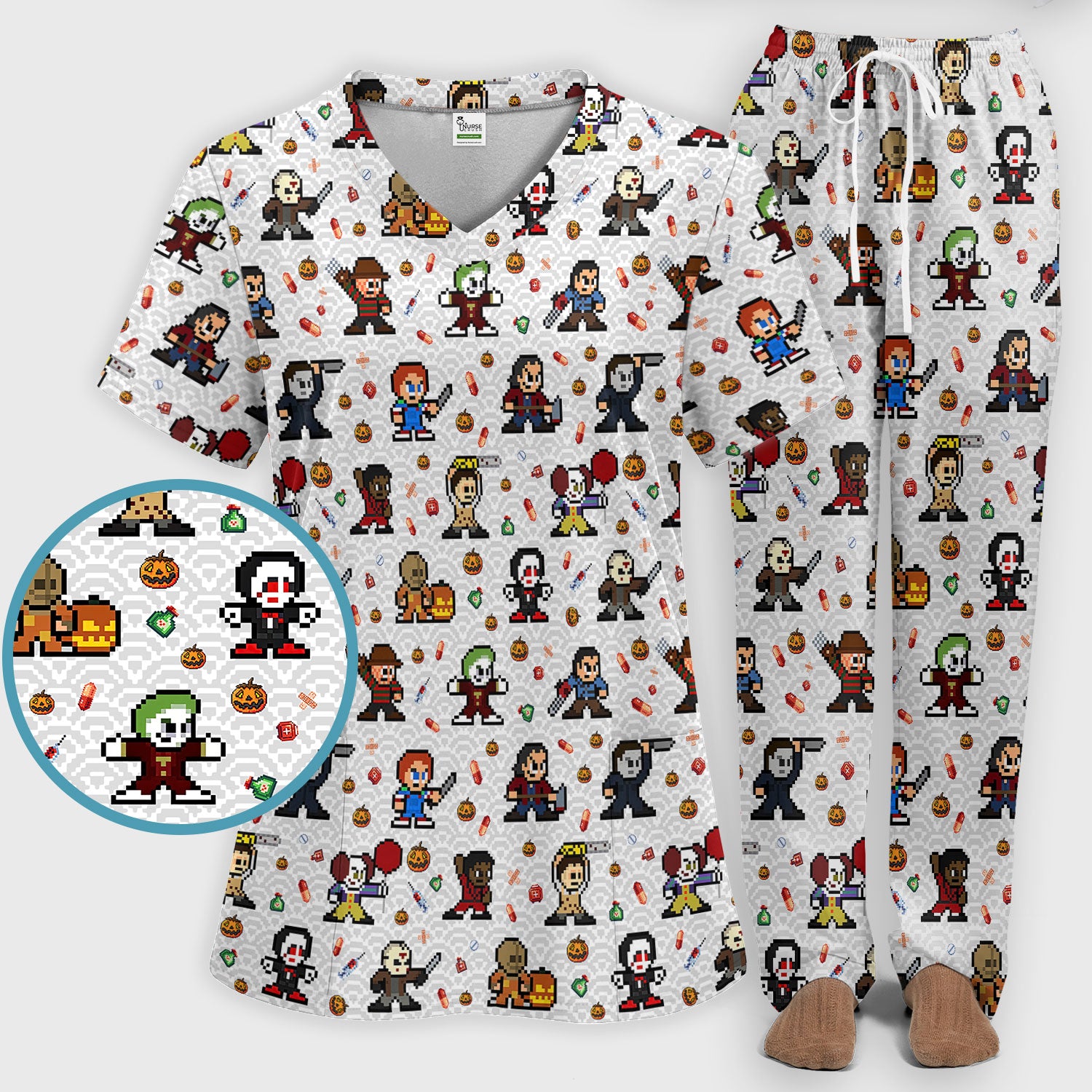 Halloween Women's Scrub Sets - Comfortable Scrubs for Nurses - Horror Movie Scrub Pants and V Neck Top - Breathable Med Uniform