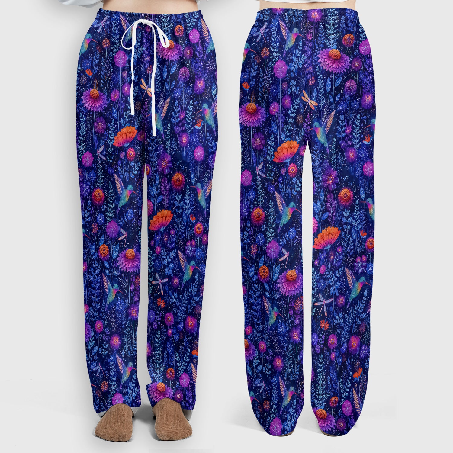 Enchanted Hummingbird Wildflower Garden Pattern Scrub Set, Scrub Pants and V Neck Top