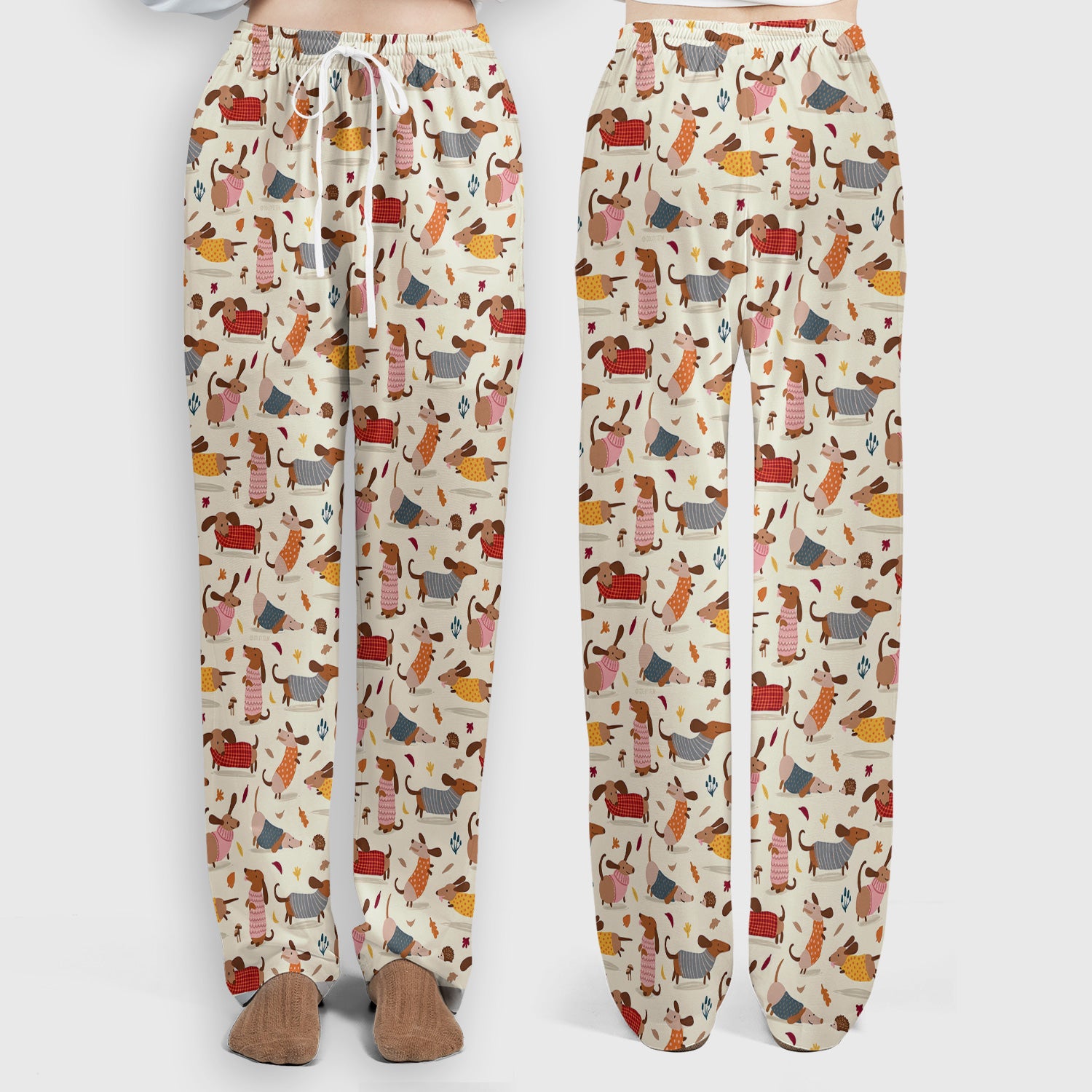 Cute Autumn Dachshund Print Scrub Set, Scrub Pants and V Neck Top