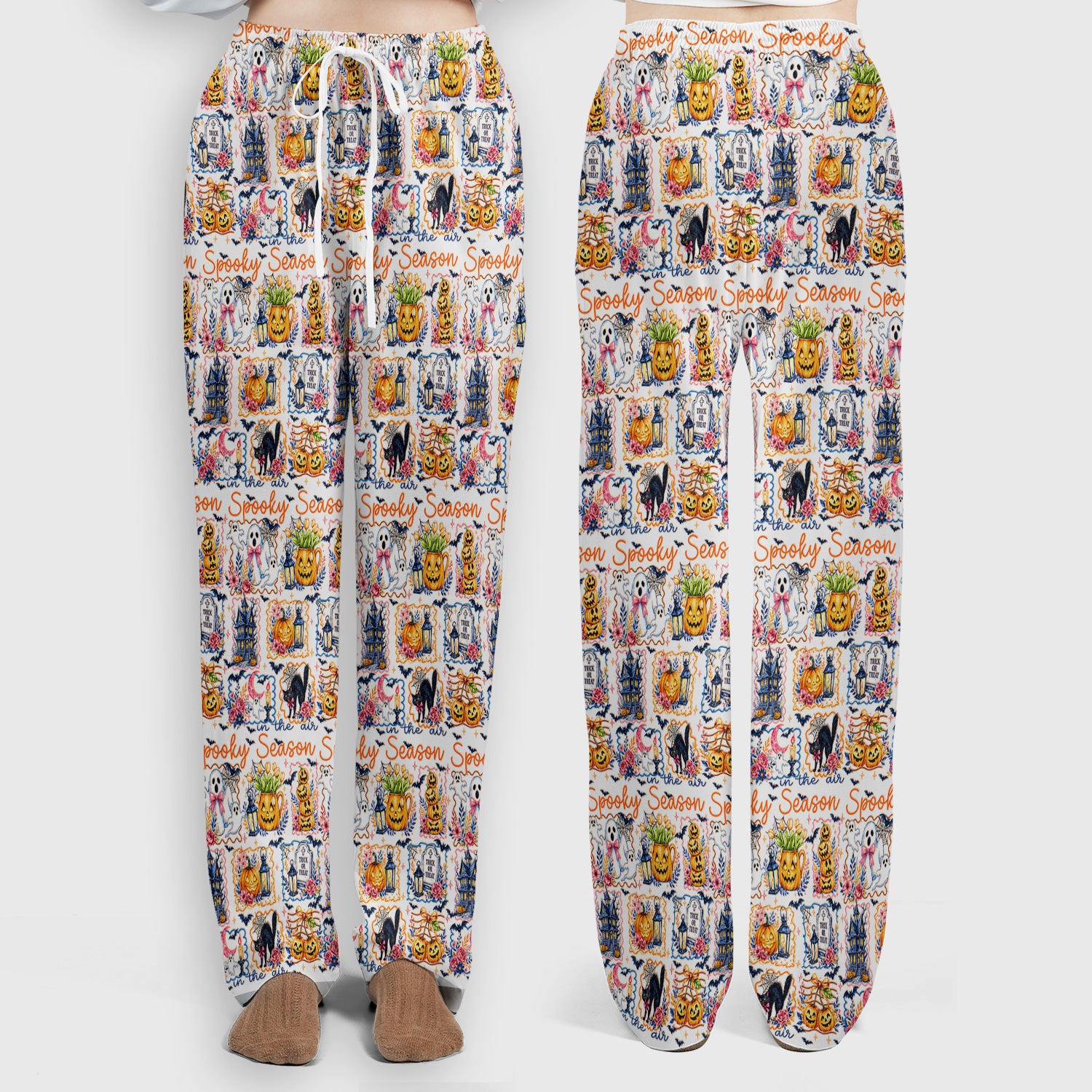Spooky Halloween Pumpkin Ghost Pattern Scrub Set, Scrub Pants and V Neck Top