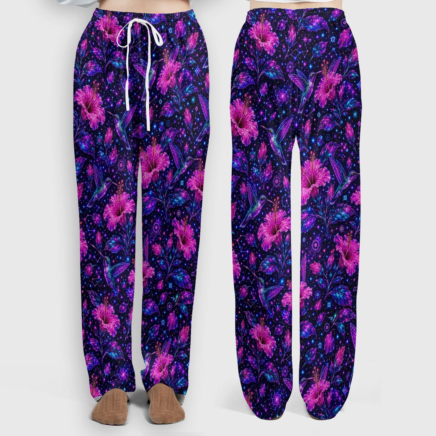Galaxy Floral Hummingbird Nurse Pattern Scrub Set, Scrub Pants and V Neck Top