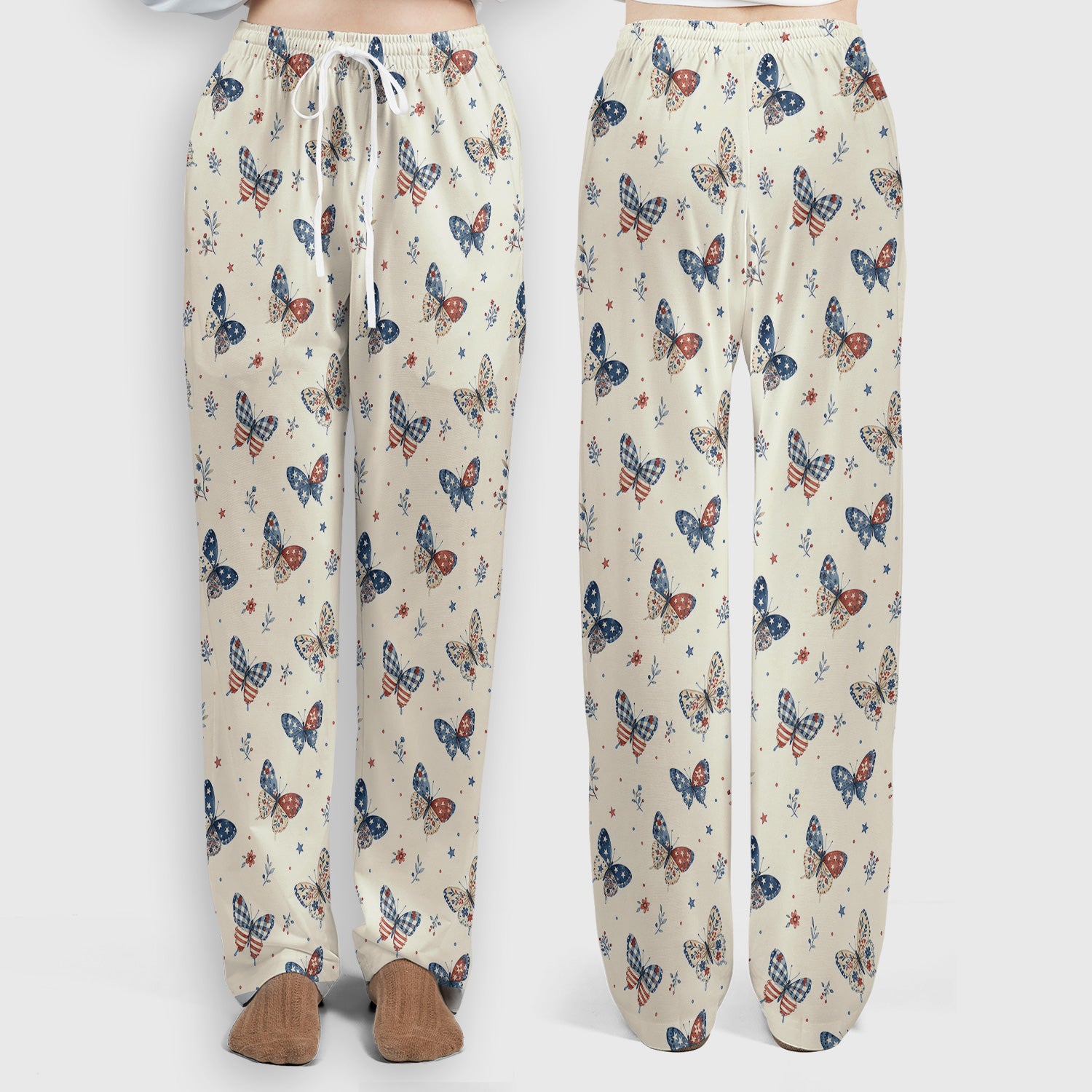 Fourth Of July Butterfly Print Scrub Set, Scrub Pants and V Neck Top