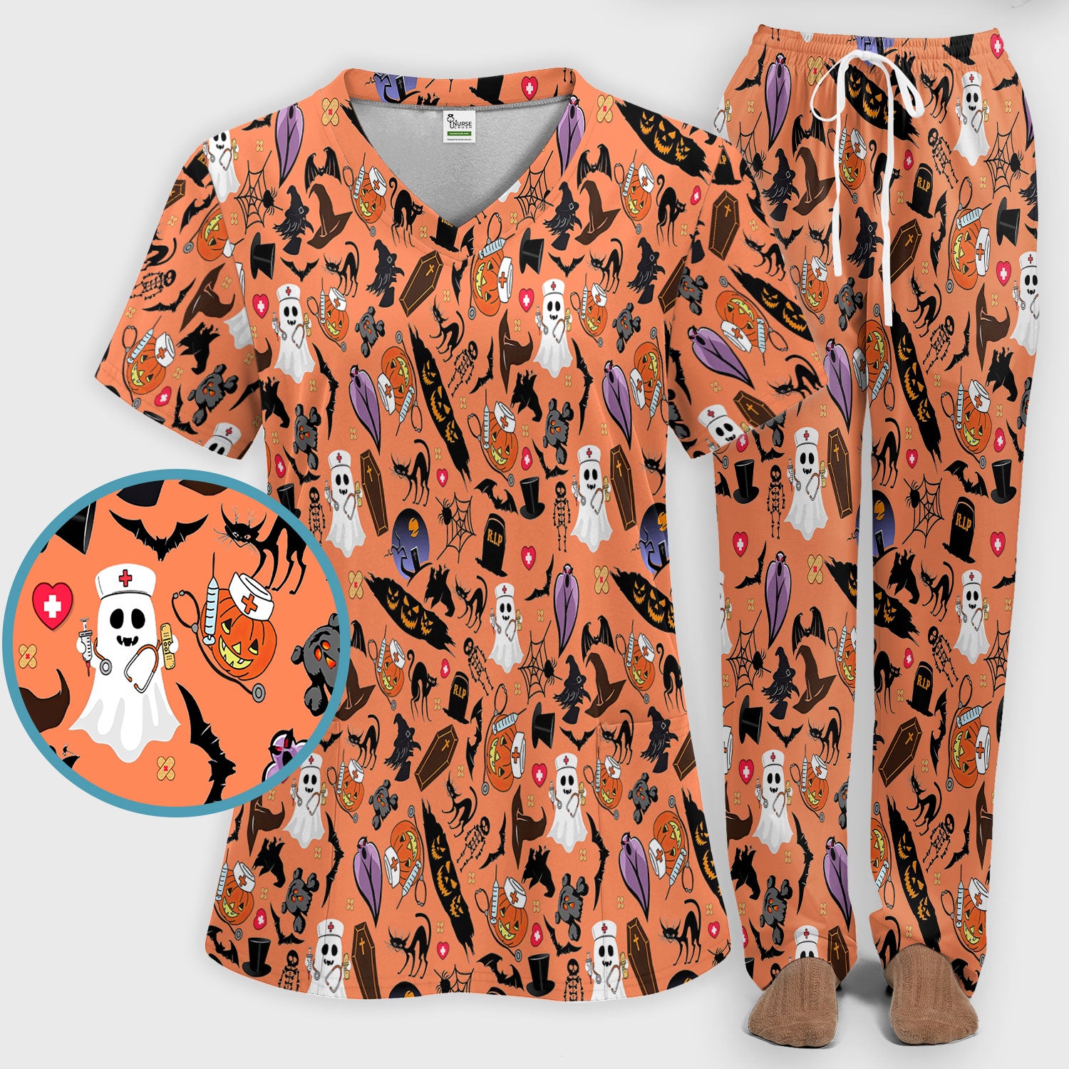 Spooky Halloween Scrub Set - Pumpkin Ghost Bat Nurse Scrubs Pants and V Neck Top - Wicked Witch Medical Uniform for RN CNA LPN