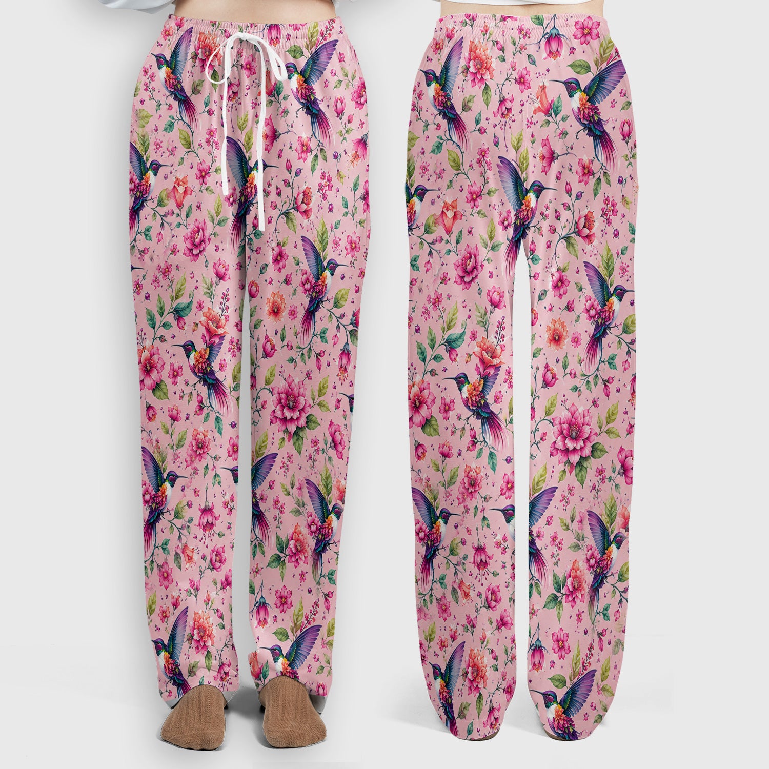 Pink Hummingbird Floral Garden Pattern Scrub Set, Scrub Pants and V Neck Top