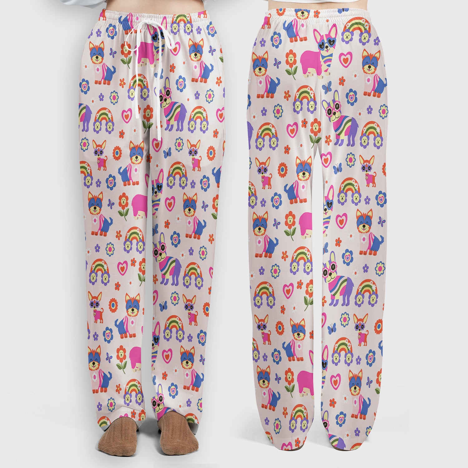 Colorful Cartoon Dogs With Rainbow Flowers Pattern Pattern Scrub Set, Scrub Pants and V Neck Top