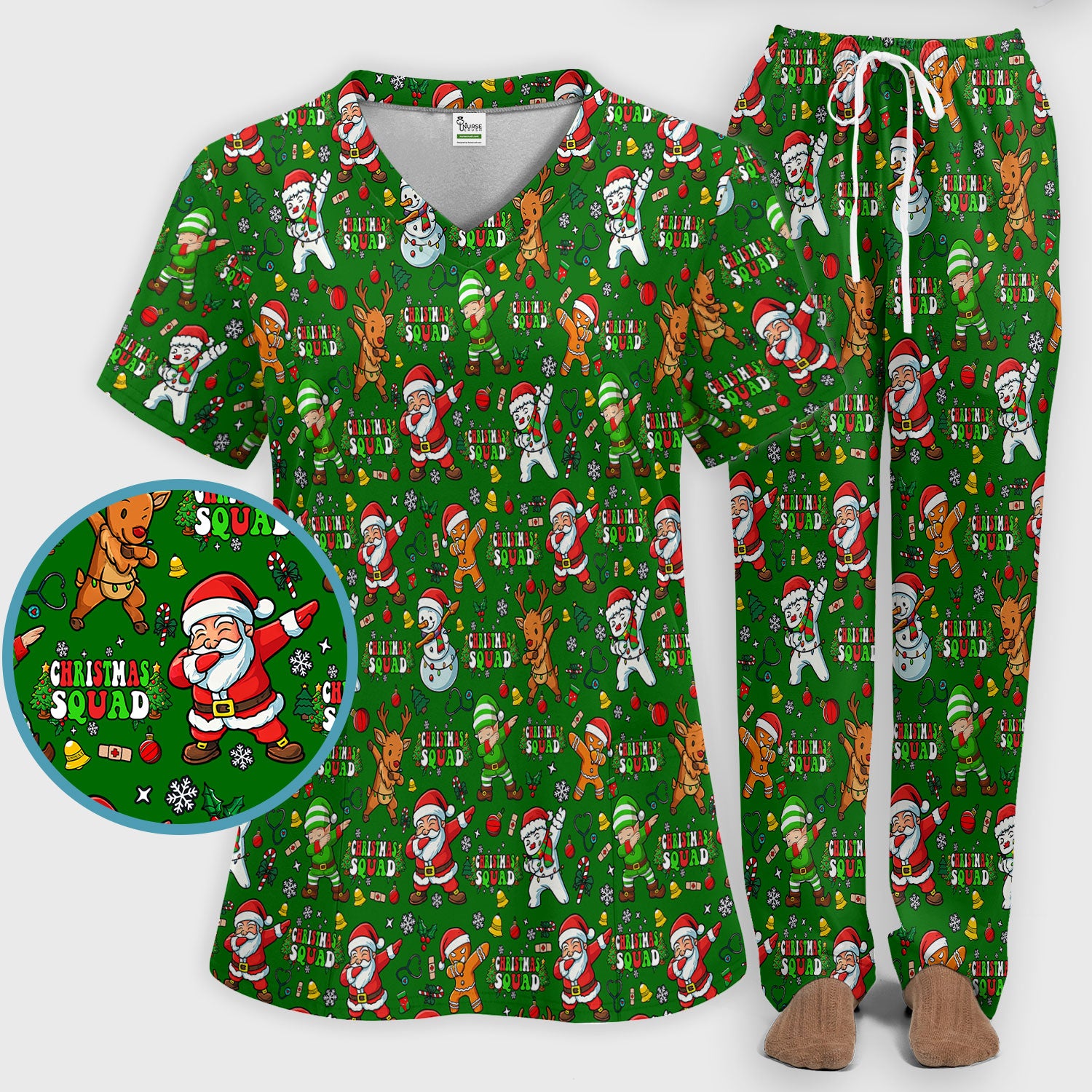 Christmas Squad Scrub Set - Dancing Santa, Reindeer & Elf Pants and V Neck Top - Funny Holiday Gift for Nurses, Doctors & Vet Techs