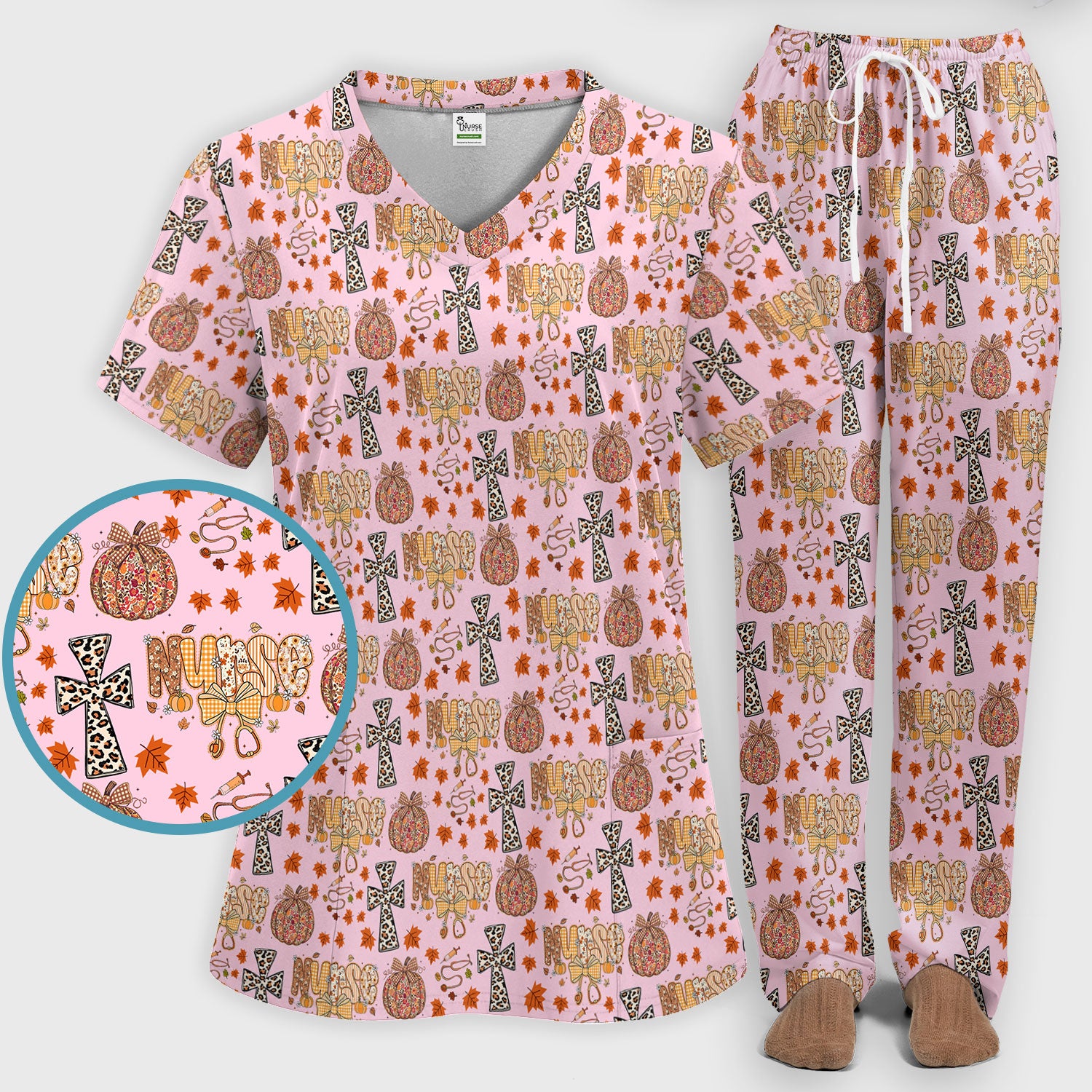 I Will Praise Him In Every Season - Boho Pumpkin Leopard Cross Fall Scrub Sets for Nurse - Thanksgiving Med Uniform for Women