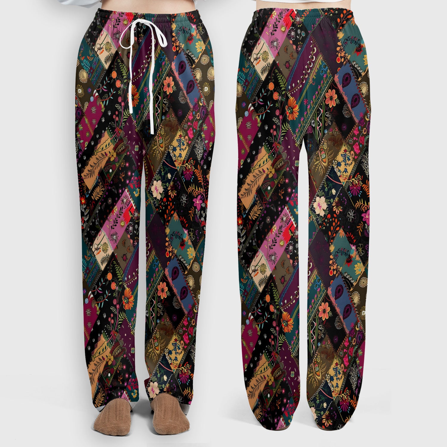 Colorful Bohemian Floral Patchwork Scrub Set, Scrub Pants and V Neck Top