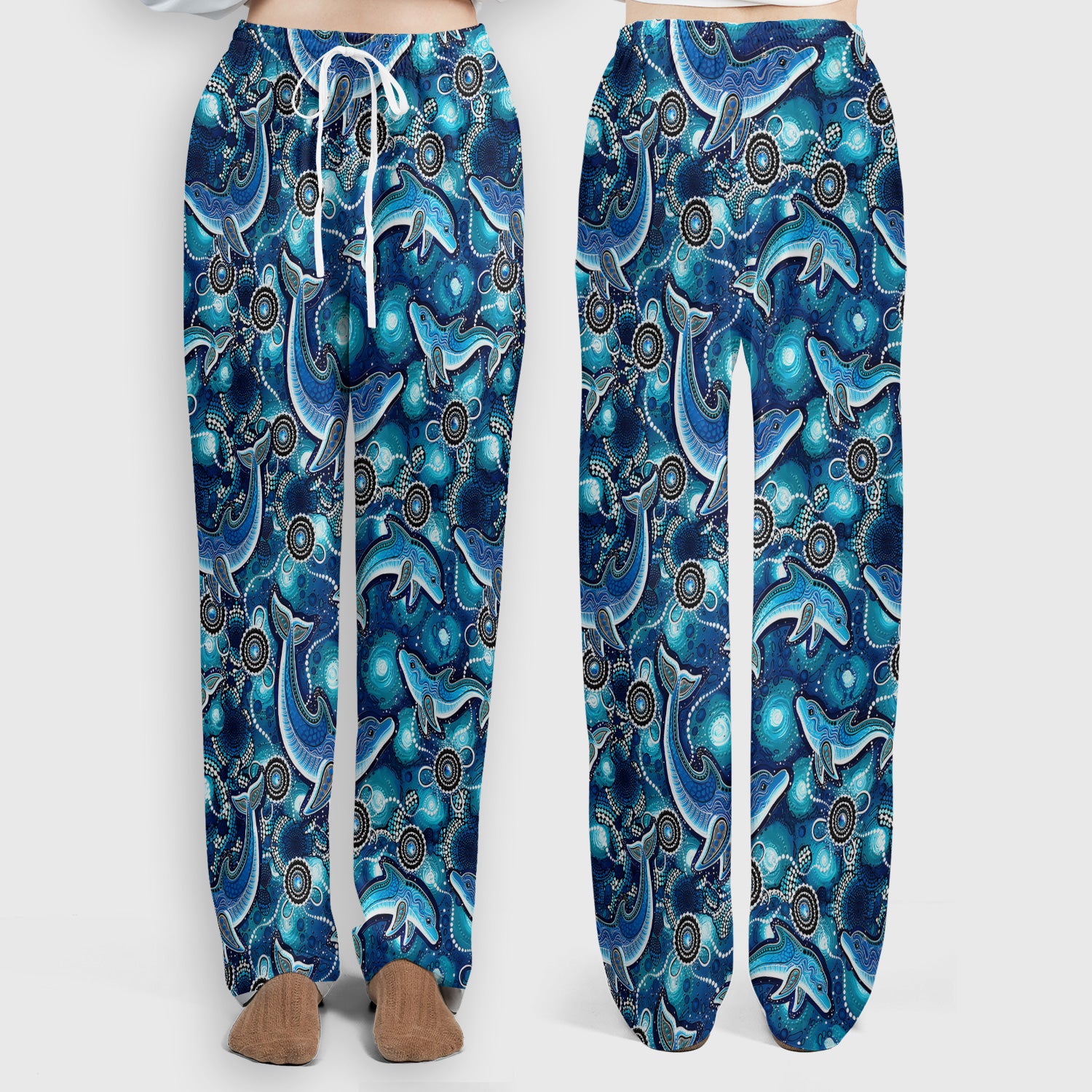 Ocean Dolphin Aboriginal Dot Print Scrub Set, Scrub Pants and V Neck Top