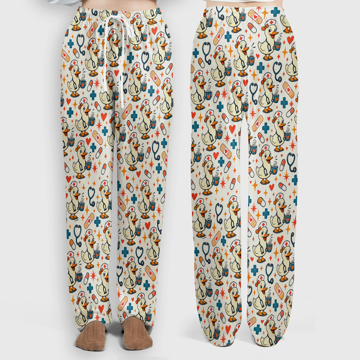 Cute Nurse Duck With Coffee Scrub Set, Scrub Pants and V Neck Top