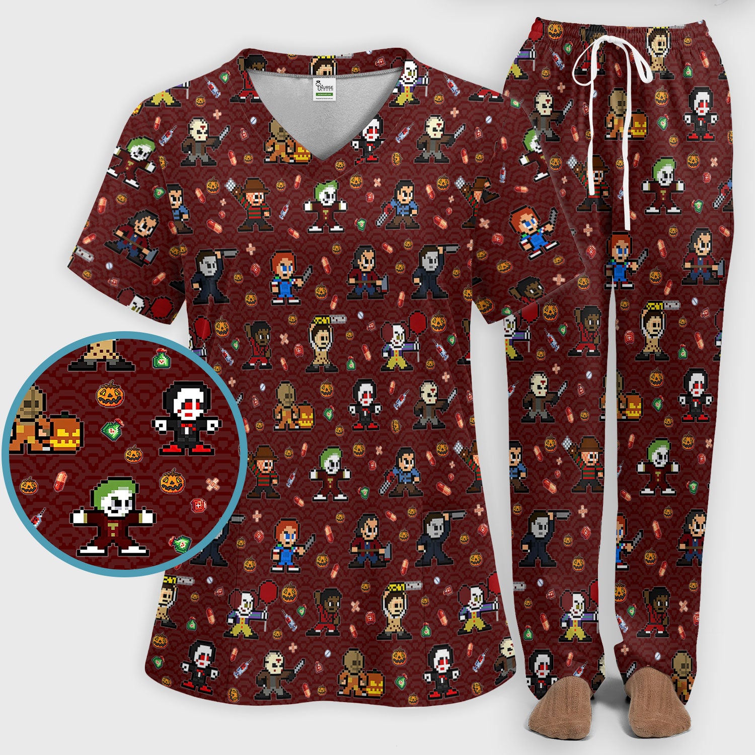Halloween Women's Scrub Sets - Comfortable Scrubs for Nurses - Scary Character Scrub Pants and V Neck Top - Med Uniform for Her