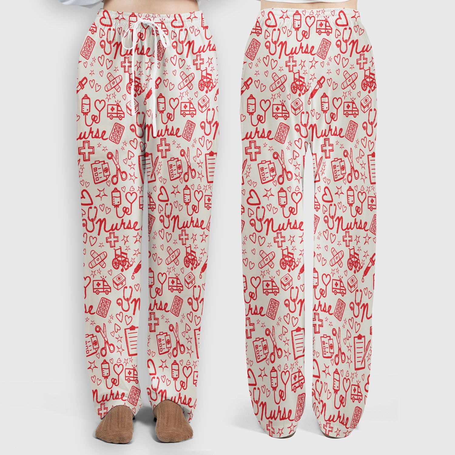 Cute Nurse Heart Medical Pattern Scrub Set, Breathable Med Uniform