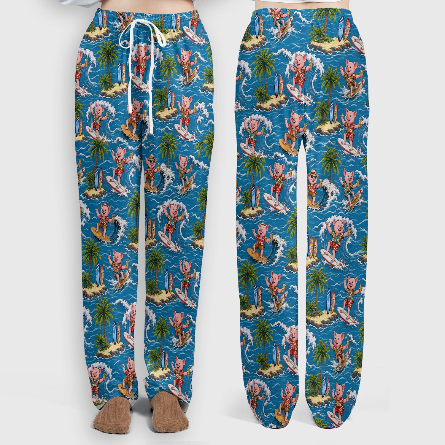 Tropical Surfing Pig Island Pattern Scrub Set, Scrub Pants and V Neck Top