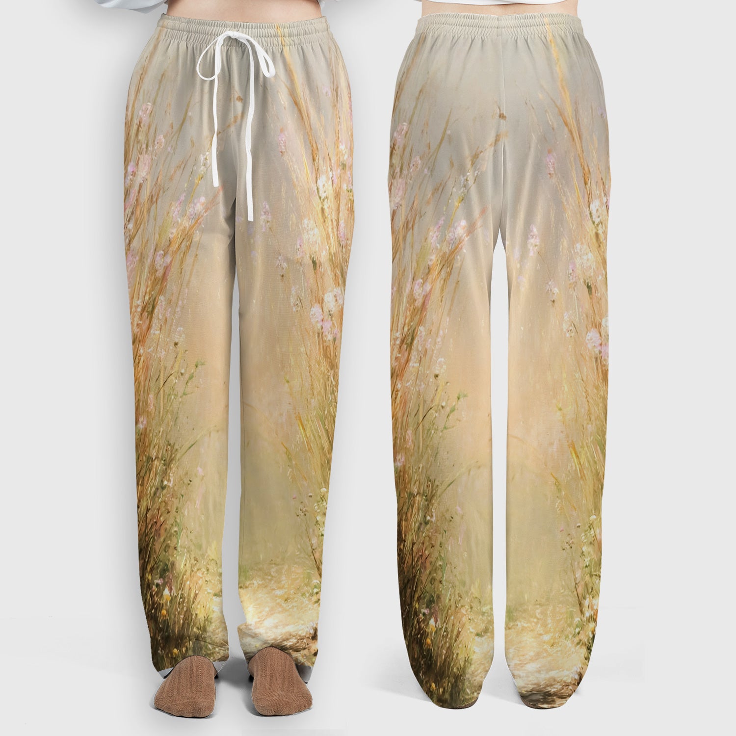 Happy Pig Running Meadow Pattern Nurse Scrub Set, Scrub Pants and V Neck Top