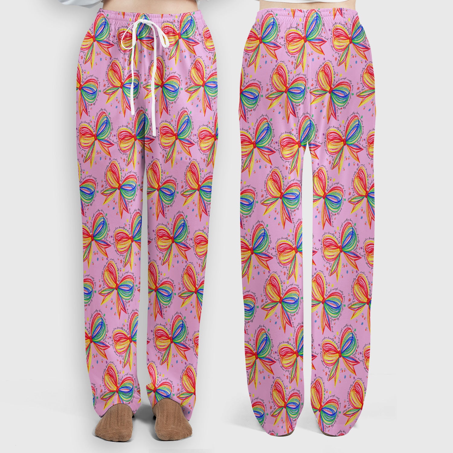 Colorful Rainbow Bow Pattern Scrub Set, Scrub Pants and V Neck Top
