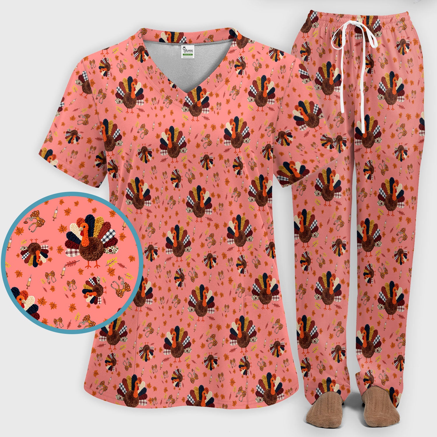 Thanksgiving Women's Scrub Sets - Funny Autumn Turkey Pants and V Neck Top - Breathable Fabrics Nursing Uniform