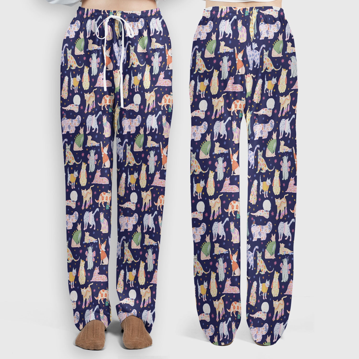 Cute Colorful Cats Pattern Scrub Set, Scrub Pants and V Neck Top