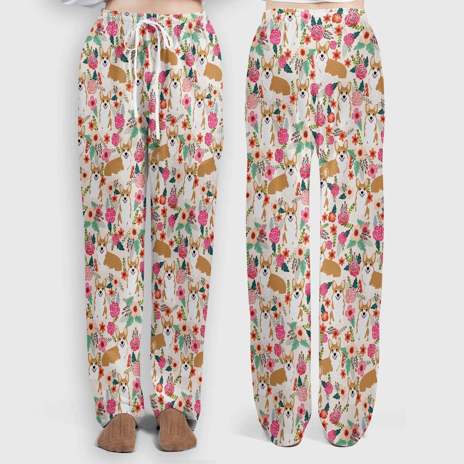 Cute Corgi Dog Floral Garden Pattern Nurse Scrub Set, Scrub Pants and V Neck Top