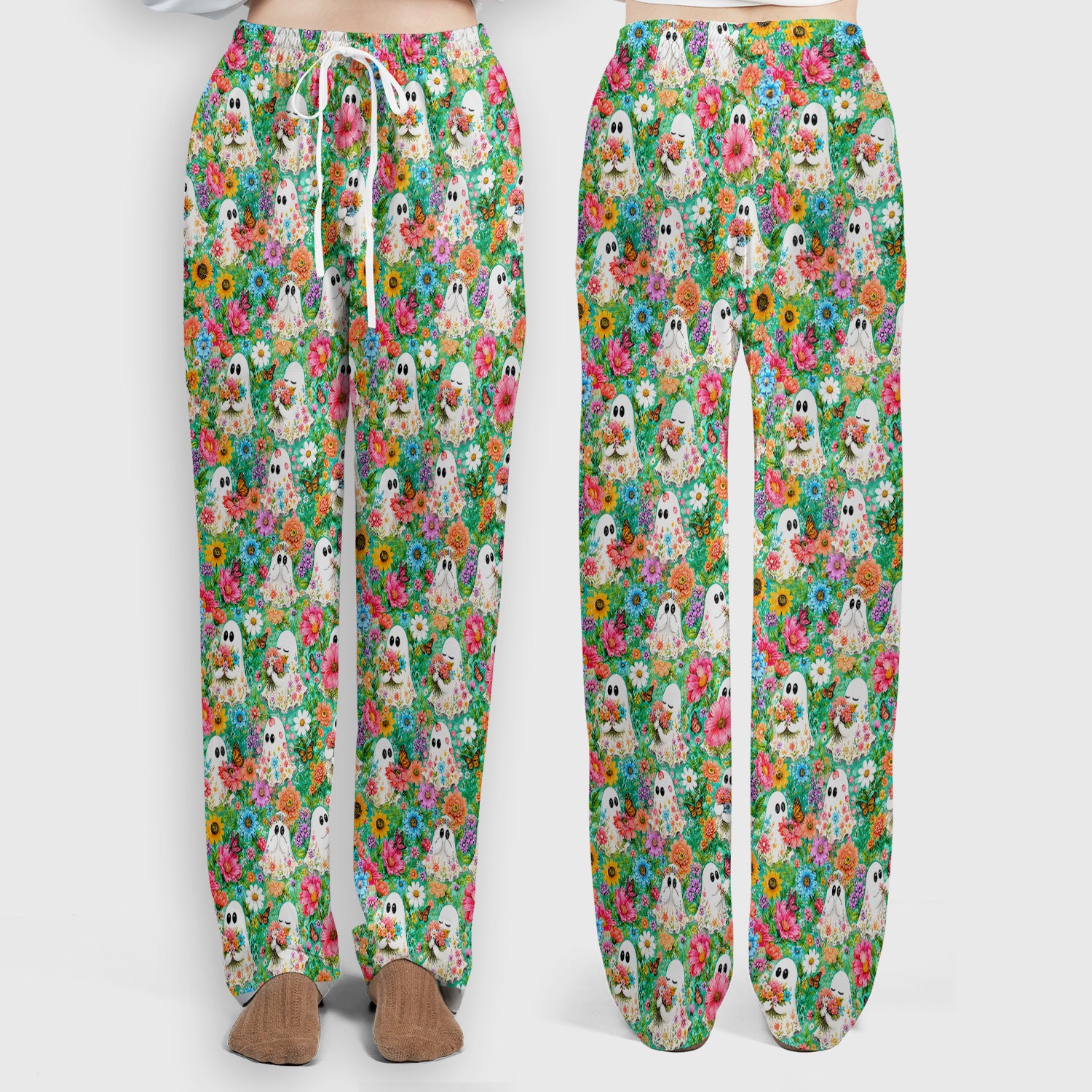 Cute Halloween Floral Ghosts Scrub Set, Scrub Pants and V Neck Top