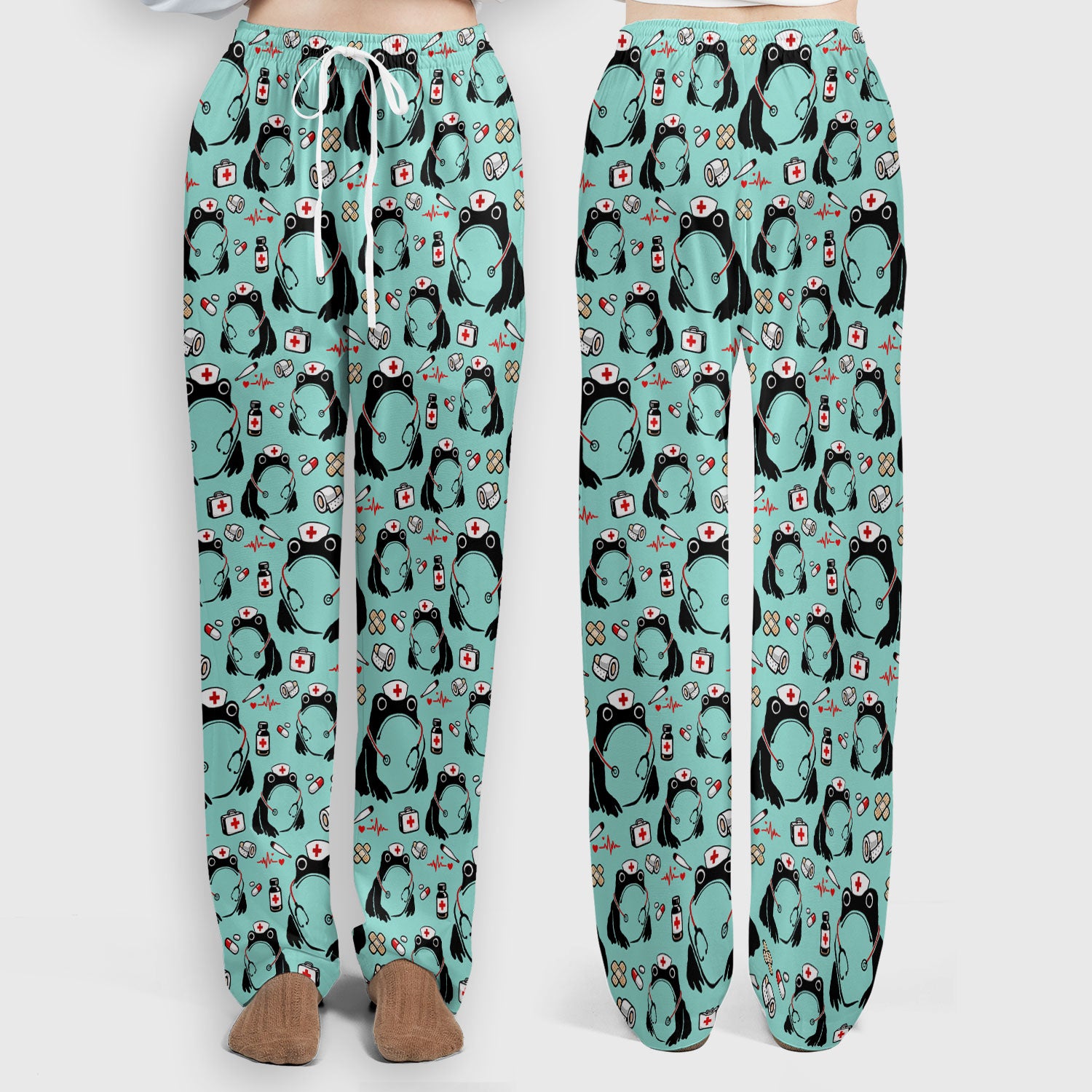Cute Frog Nurse Medical Pattern Scrub Set, Breathable Med Uniform