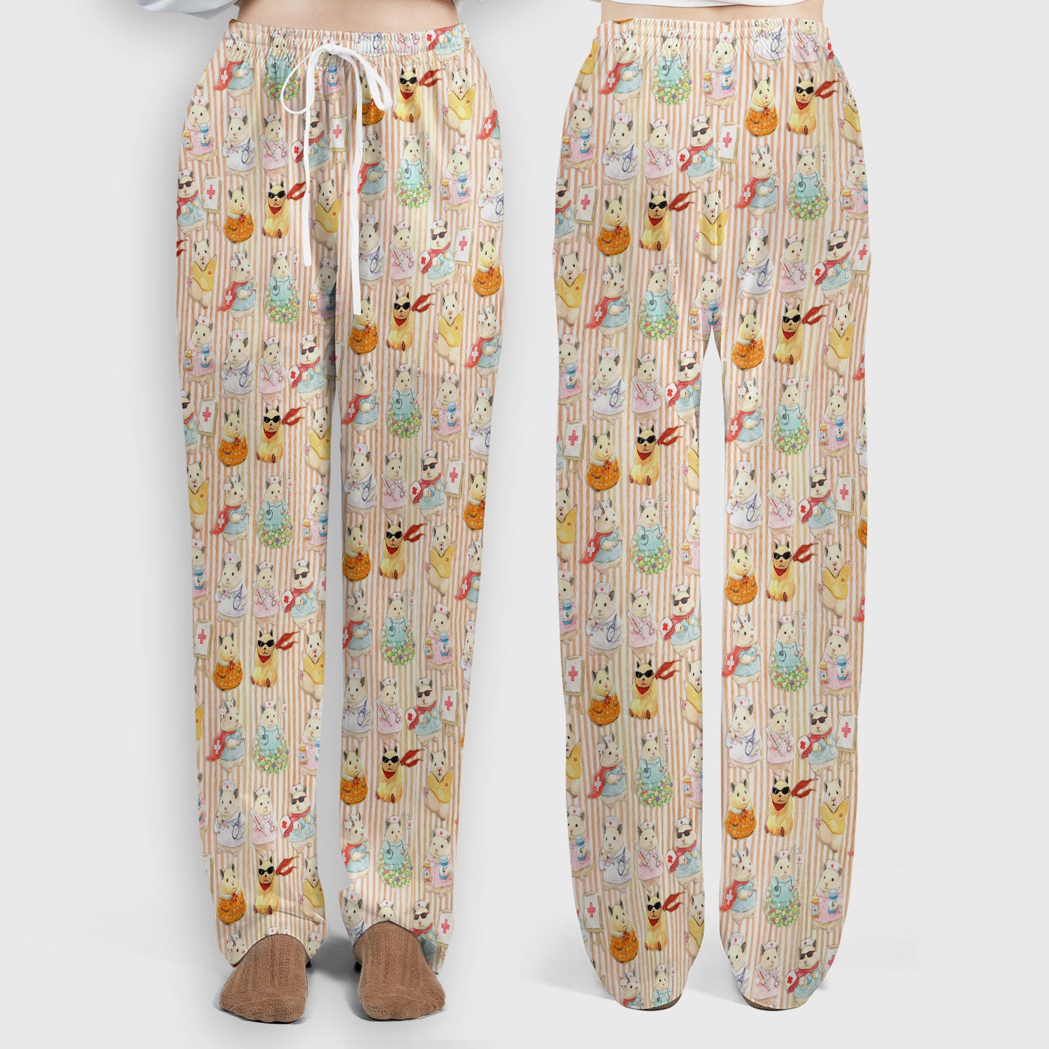 Cute Nurse Hamster Pattern Scrubs Sets, Scrub Pants and V Neck Top