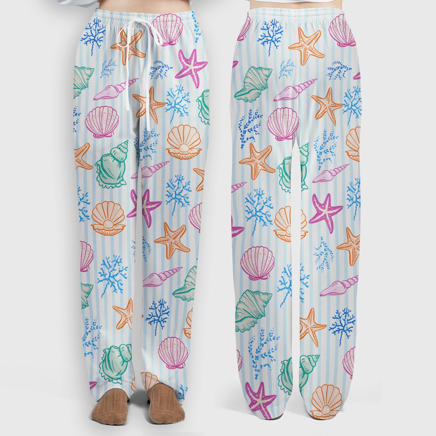 Colorful Seashell Starfish Ocean Stripe Pattern Scrub Set, Women's Scrub Sets