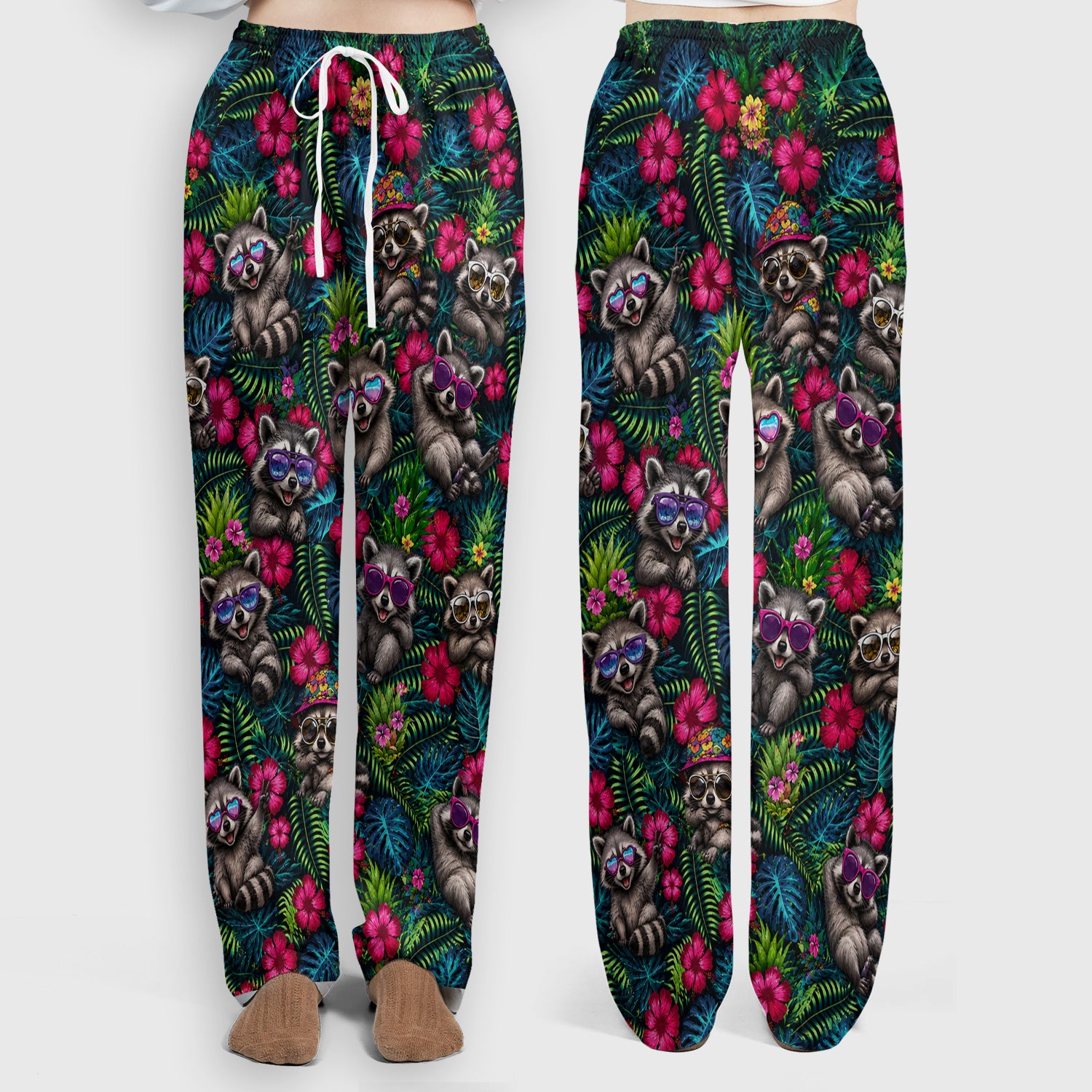 Tropical Raccoon Nurse Floral Pattern Scrub Set, Scrub Pants and V Neck Top