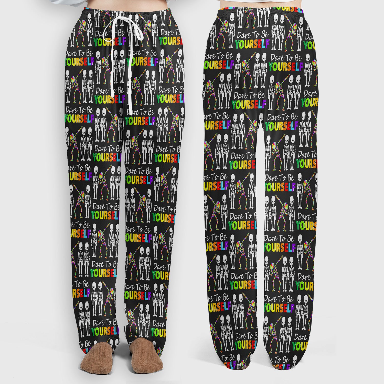 Rainbow Skeleton Dare To Be Yourself Pattern Scrub Sets, Scrub Pants and V Neck Top