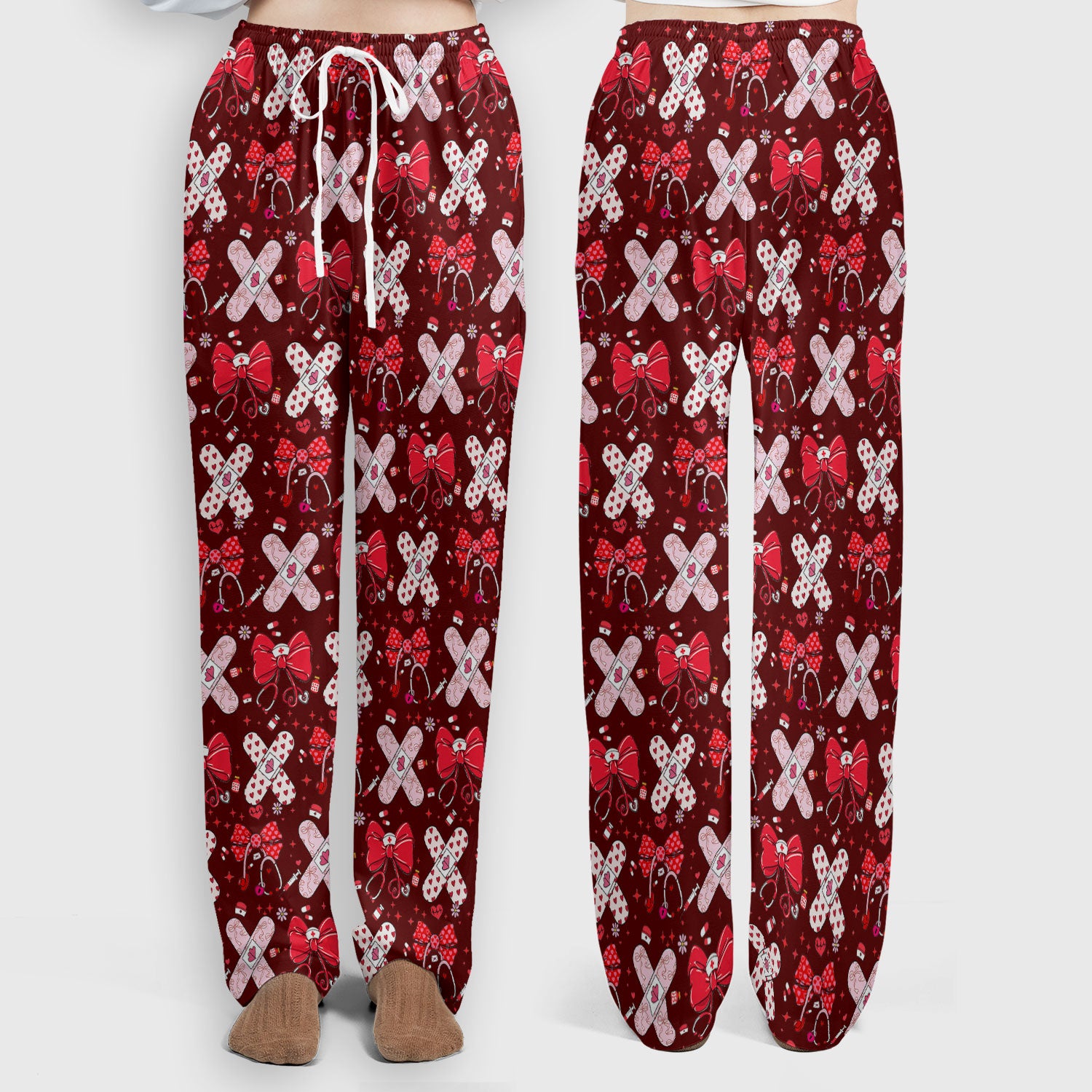 Valentine Nurse Scrub Set, Red Bow And Heart Bandage Pattern Medical Shirt, Breathable Fabrics Nursing Uniform