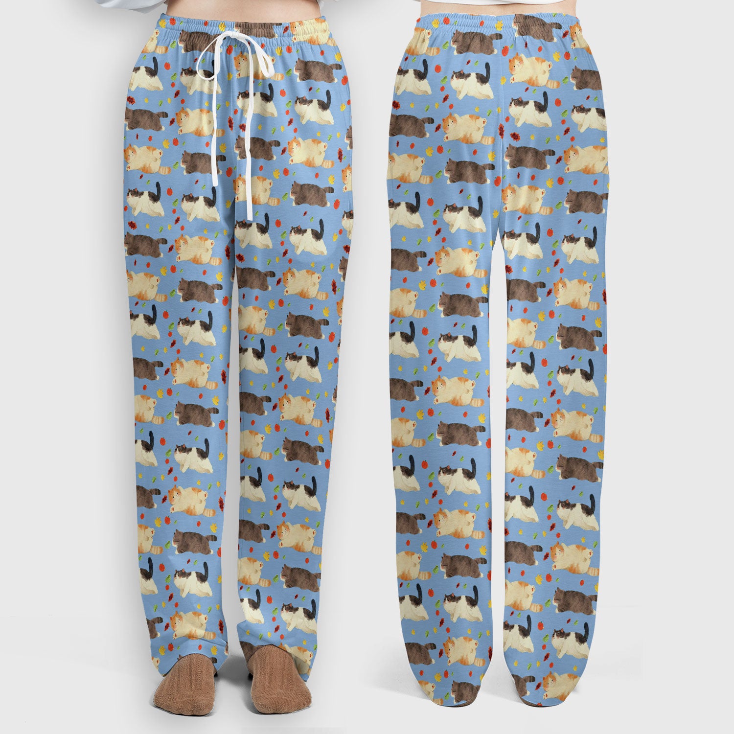 Chubby Cat Autumn Leaves Print Scrub Set, Breathable Med Uniform
