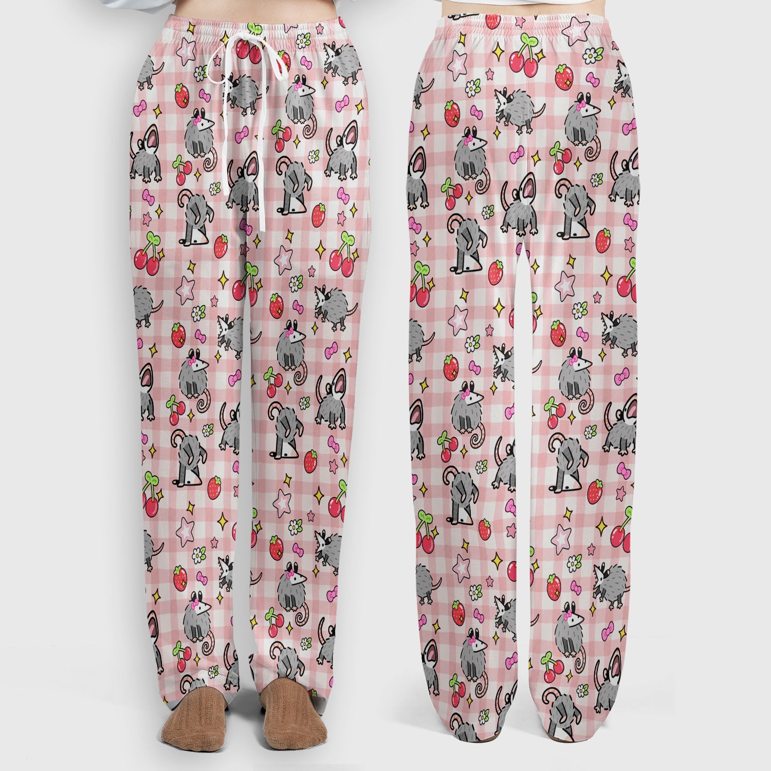 Cute Opossum And Cherries Gingham Pattern Scrub Set, Scrub Pants and V Neck Top