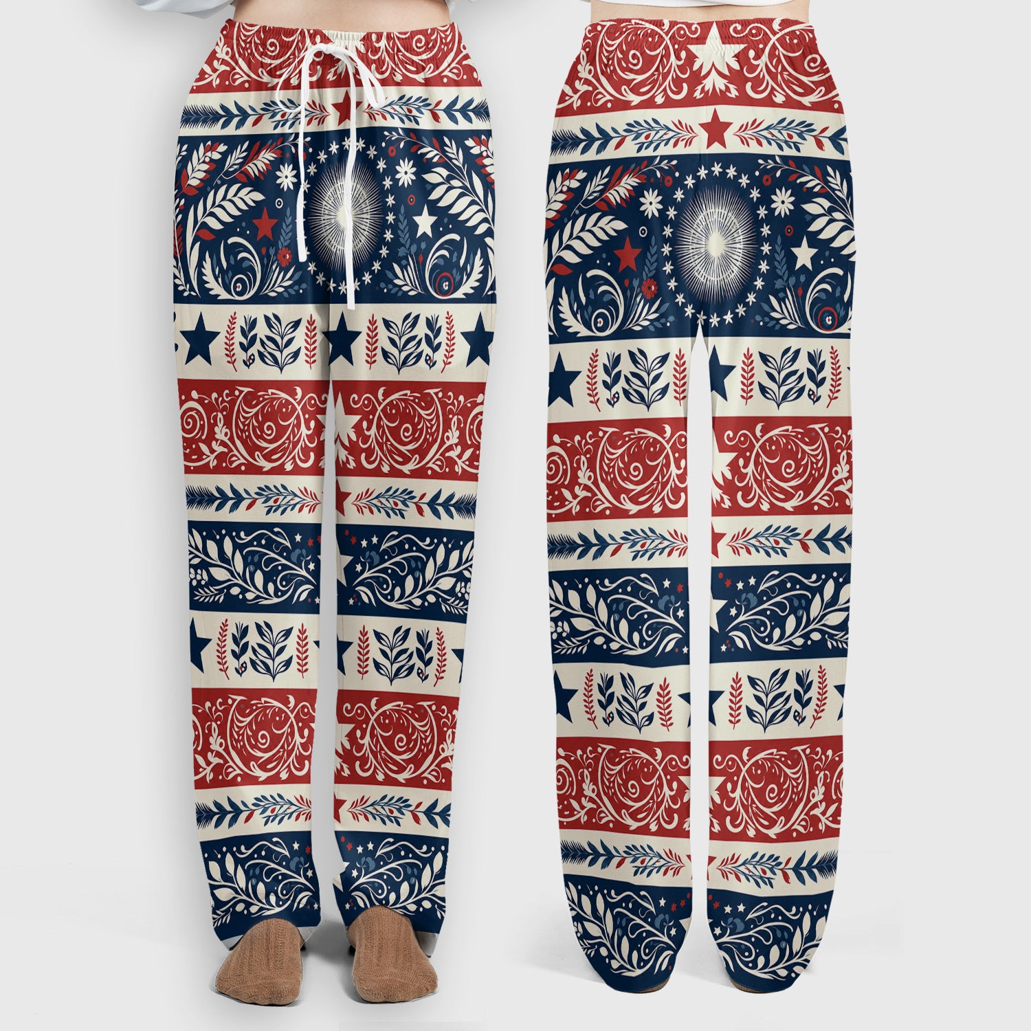 Patriotic Americana Starburst Floral Pattern Scrub Set, Scrub Pants and V Neck Top