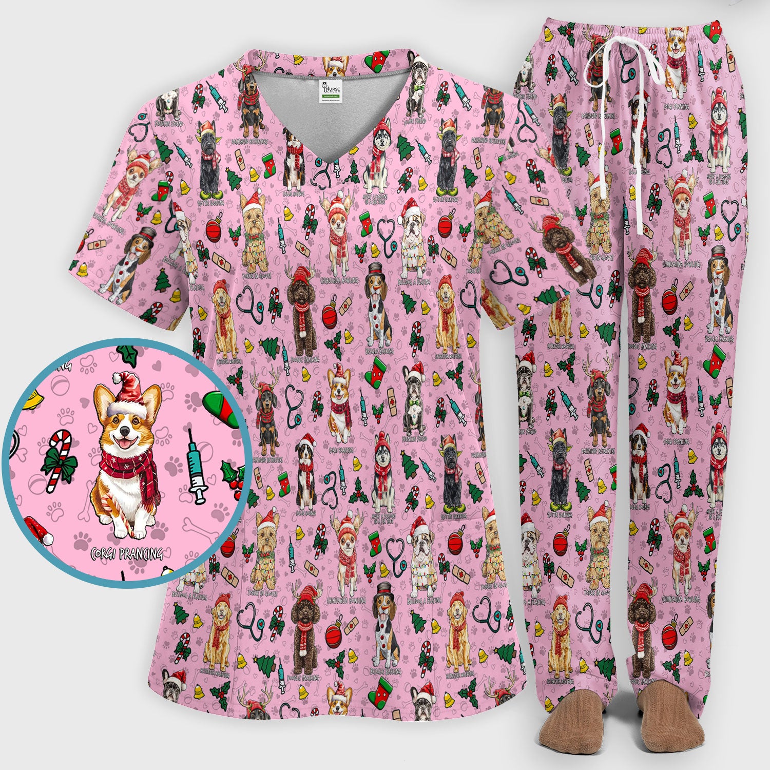 Christmas Dog Scrub Set for Nurses - Dachshund, Husky, Poodle, Corgi & Labrador Holiday Scrub Top and Pants - Funny Santa Medical Shirt