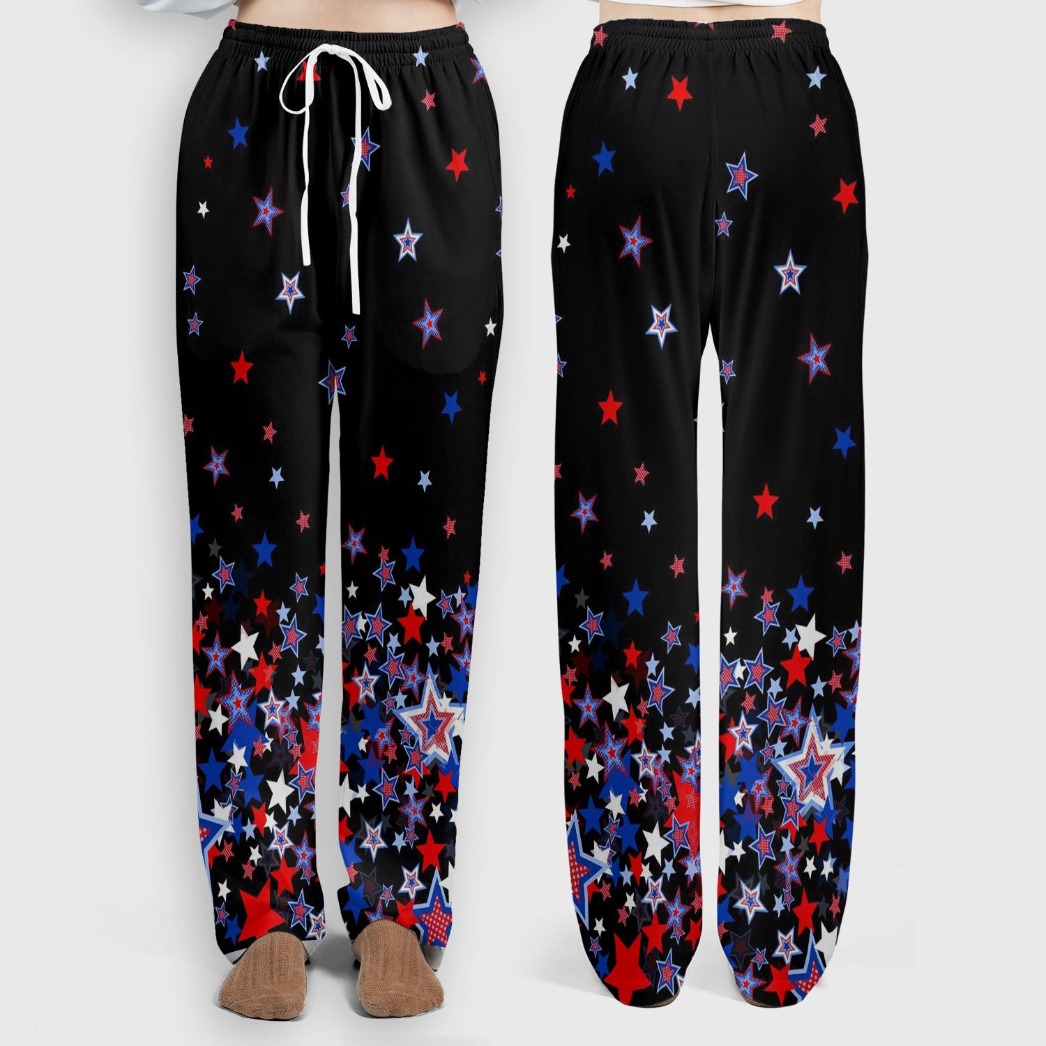 Festive Patriotic Red Blue Star Pattern Scrub Set, Scrub Pants and V Neck Top