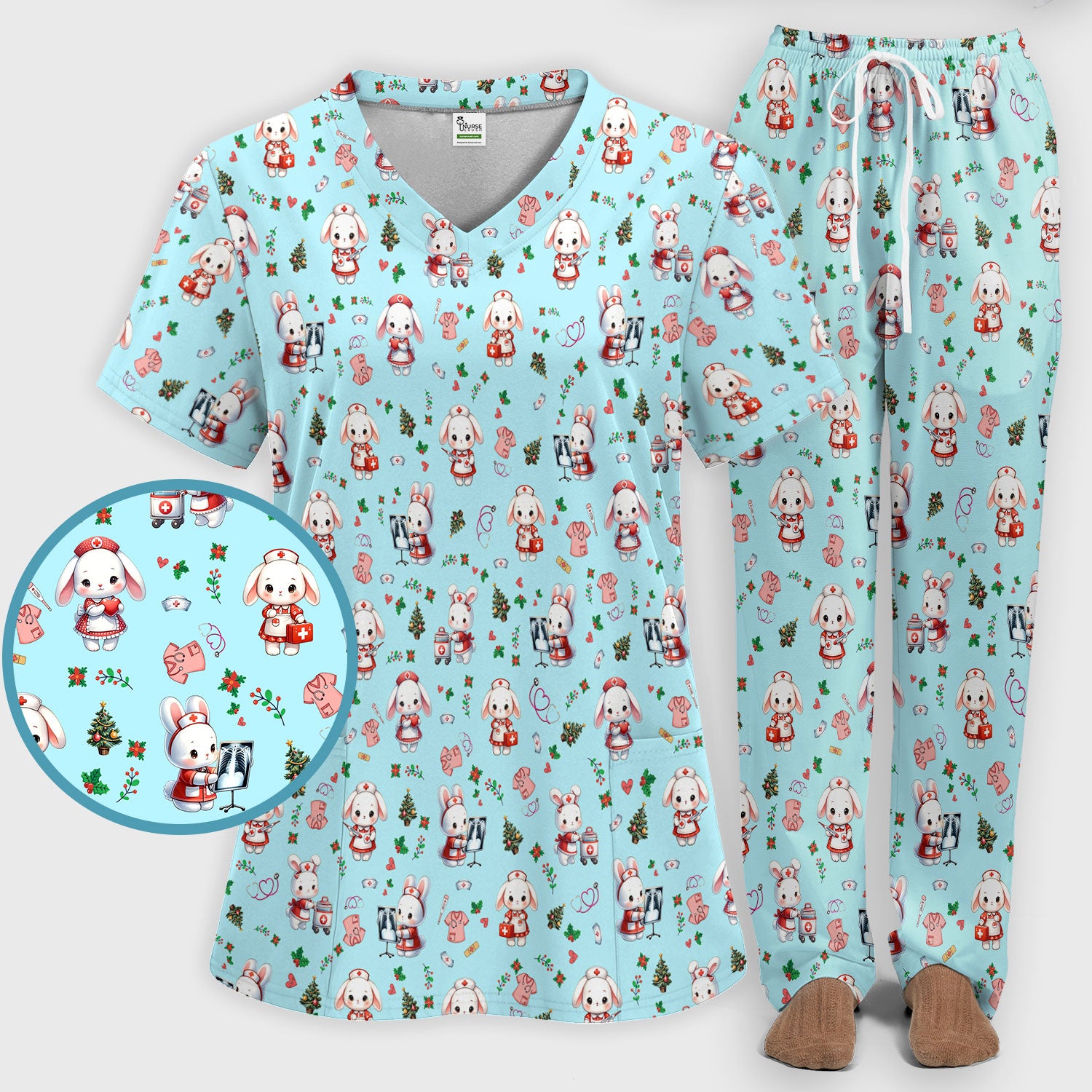 Cute Bunny Scrub Set for Nurse - Adorable Christmas Rabbit Pants and V Neck Top - Funny Holiday Medical Shirt Gift