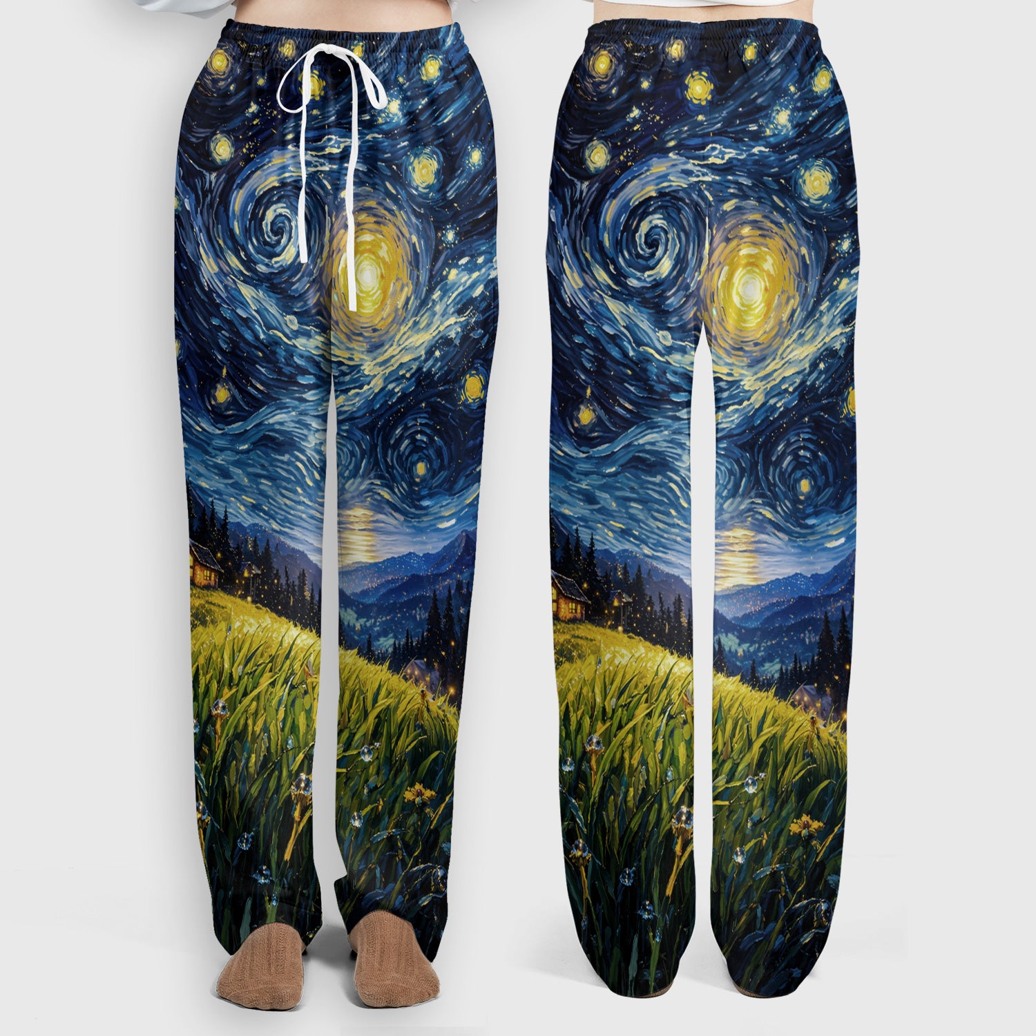 Swirl Night Sky Ladybug Landscape Art Print Scrub Set, Scrub Pants and V Neck Top