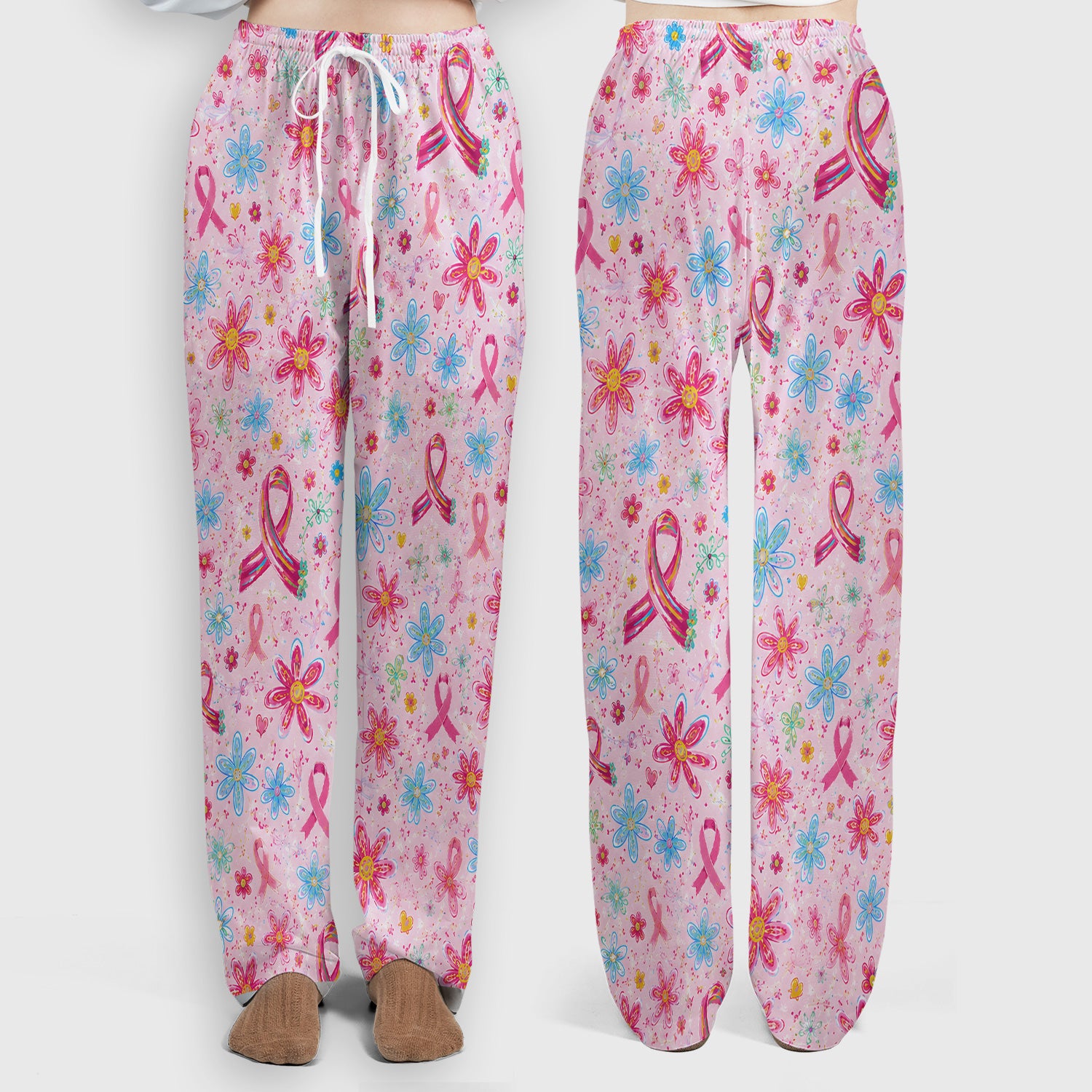 Floral Breast Cancer Awareness Print Scrub Set, Scrub Pants and V Neck Top