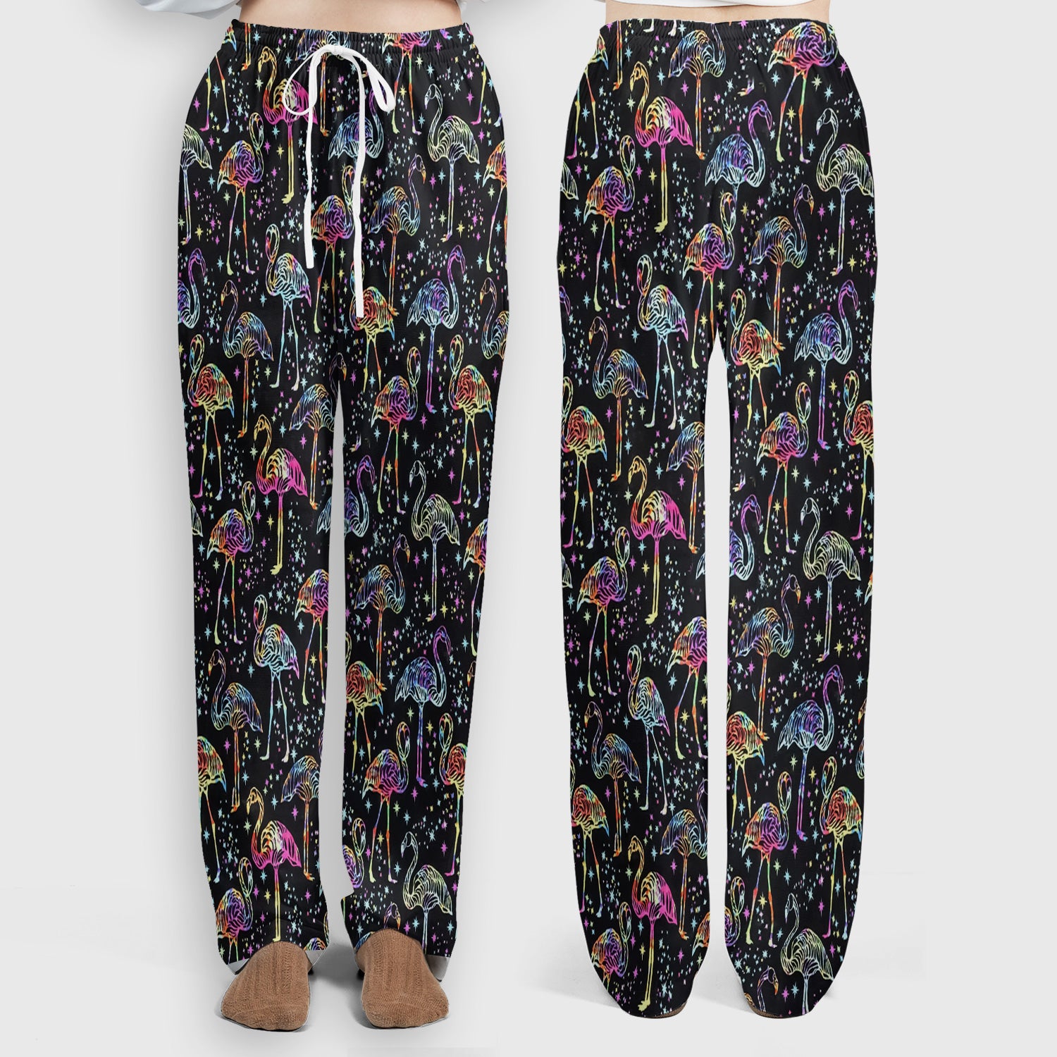 Neon Flamingo Starry Night Pattern Scrub Set, Scrub Pants and V Neck Top