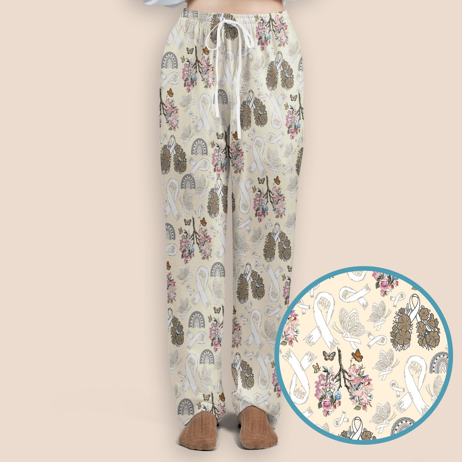Lung Cancer Awareness Scrub Sets for Women - White Ribbon Butterfly Floral Scrub Pants and V Neck Top - Comfortable Med Uniform for Her