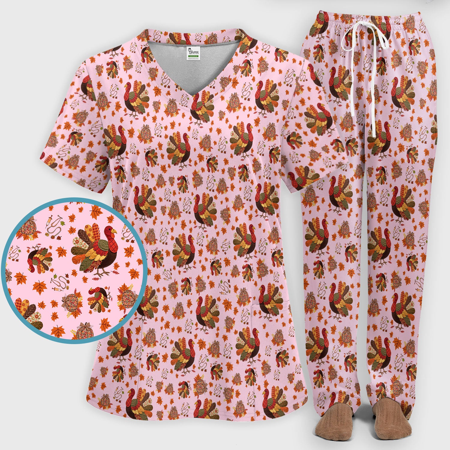 Fall Leaves Thanksgiving Women's Scrub Set - Comfortable Scrub Pants and V Neck Top - Funny Turkey Nursing Uniform