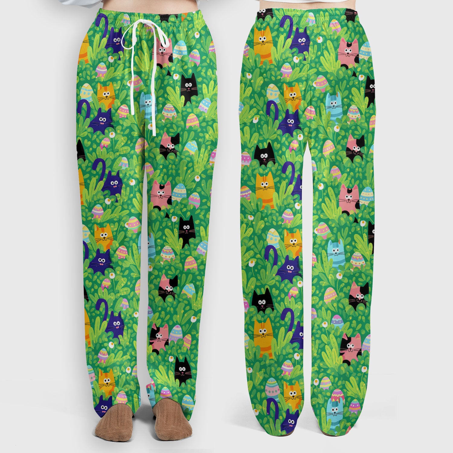 Colorful Easter Cats Green Leaves Print Scrub Sets, Scrub Pants and V Neck Top
