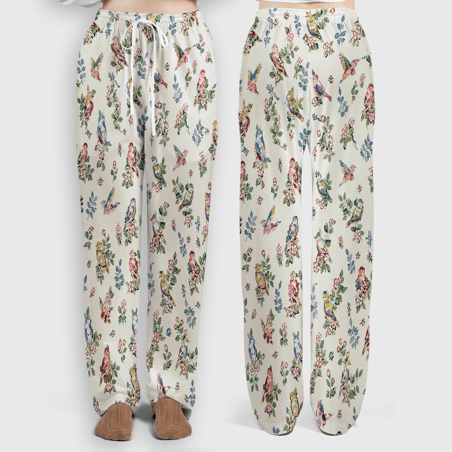 Cute Vintage Birds Blossom Pattern Scrub Set, Scrub Pants and V Neck Top
