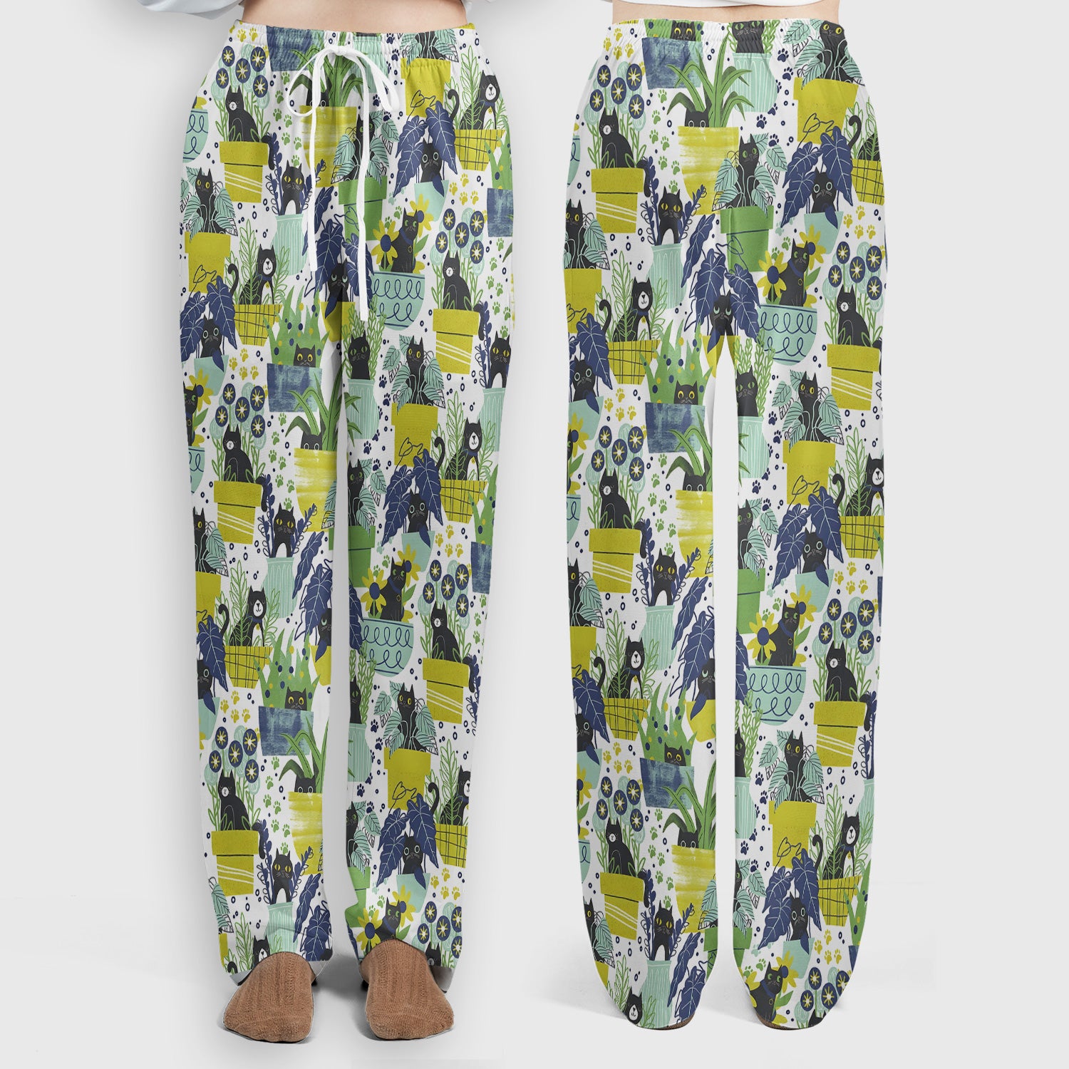 Black Cat Planter Garden Pattern Scrub Set, Scrub Pants and V Neck Top