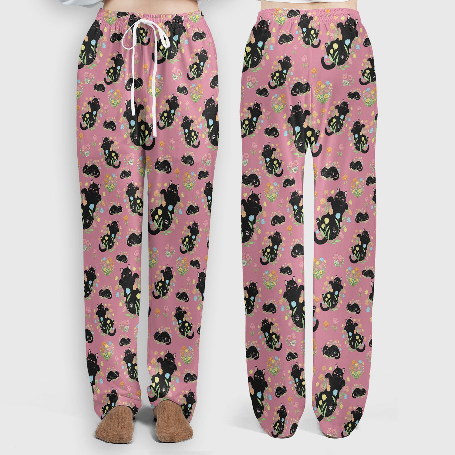 Cats With Cute Poses Floral Pattern Scrubs Sets, Scrub Pants and V Neck Top
