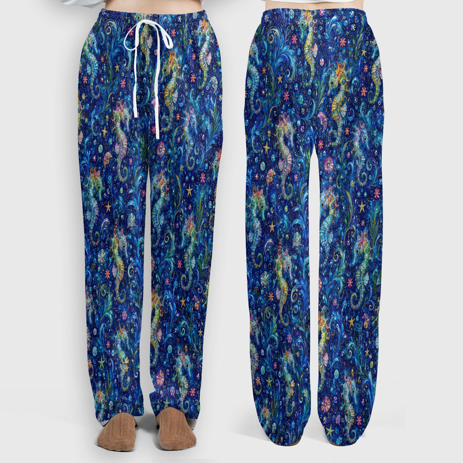 Vibrant Seahorse Ocean Swirl Pattern Scrub Set, Scrub Pants and V Neck Top